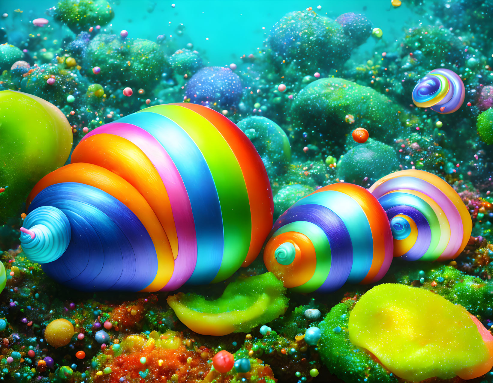 Colorful Spiral Shell Creatures on Vibrant Underwater Bed