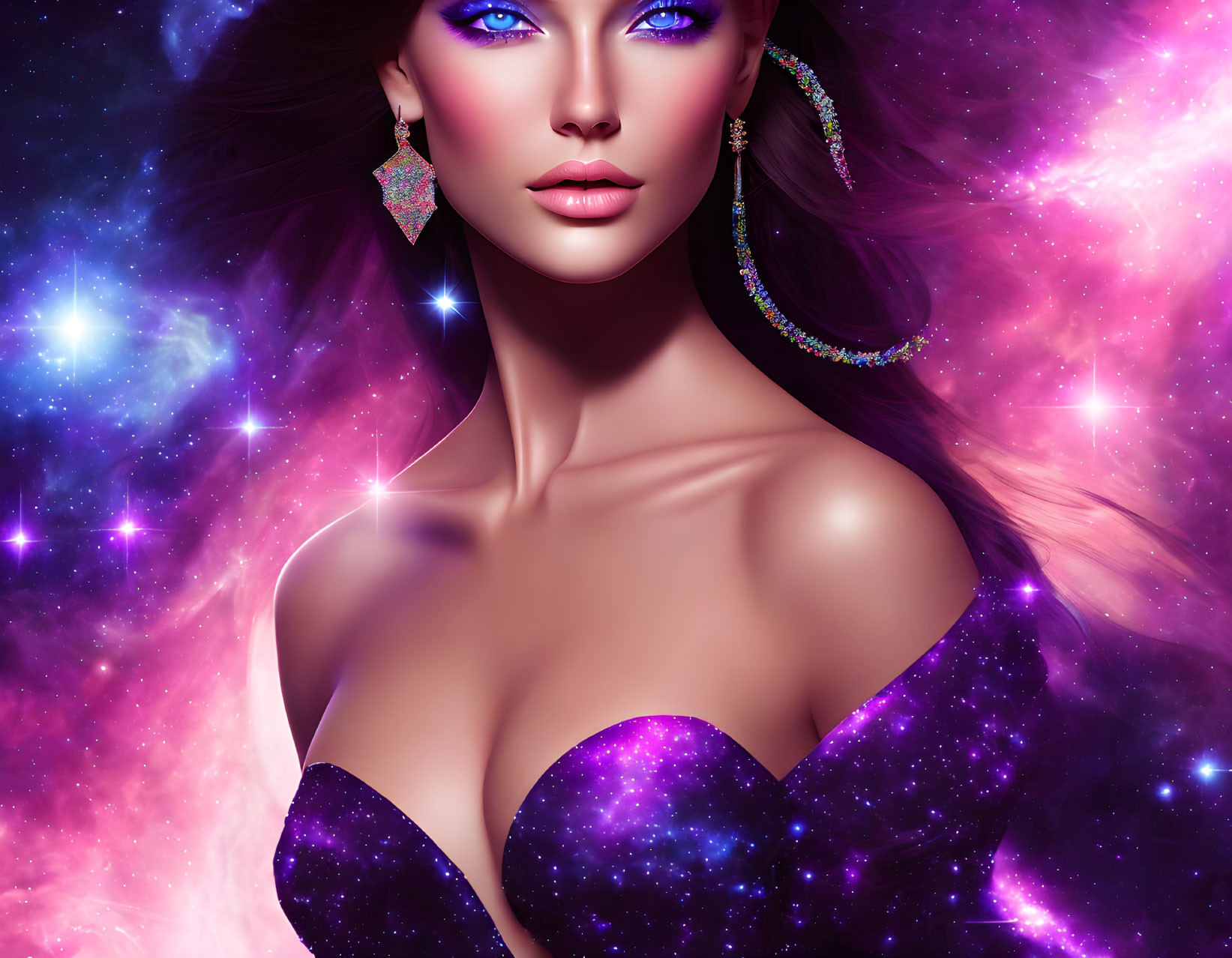 Illustrated portrait of woman in cosmic makeup and attire on starry galaxy background