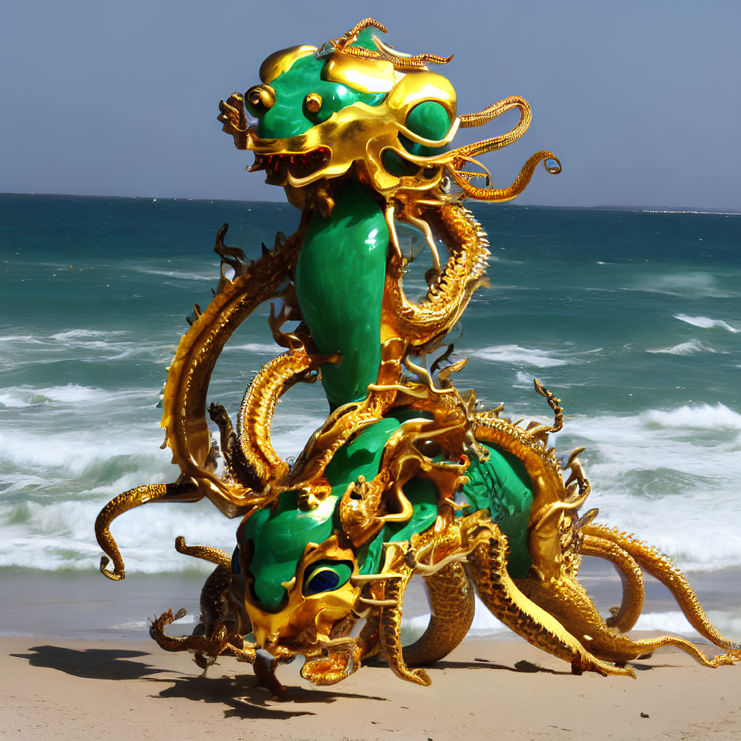 Green and Gold Dragon Sculpture by the Sea in Clear Blue Sky