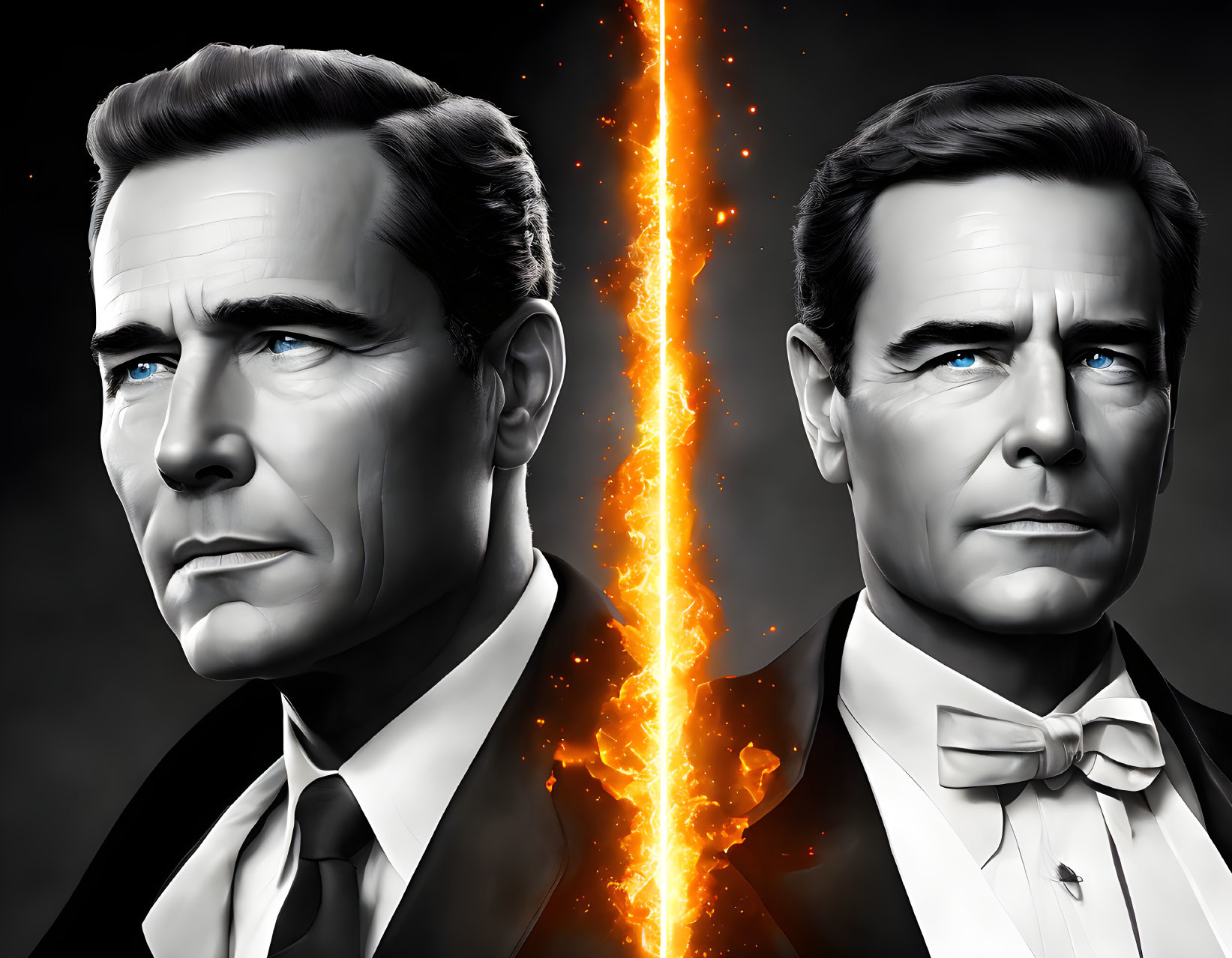 Digital artwork featuring two identical male faces split by fiery line, one with bow tie and the other with