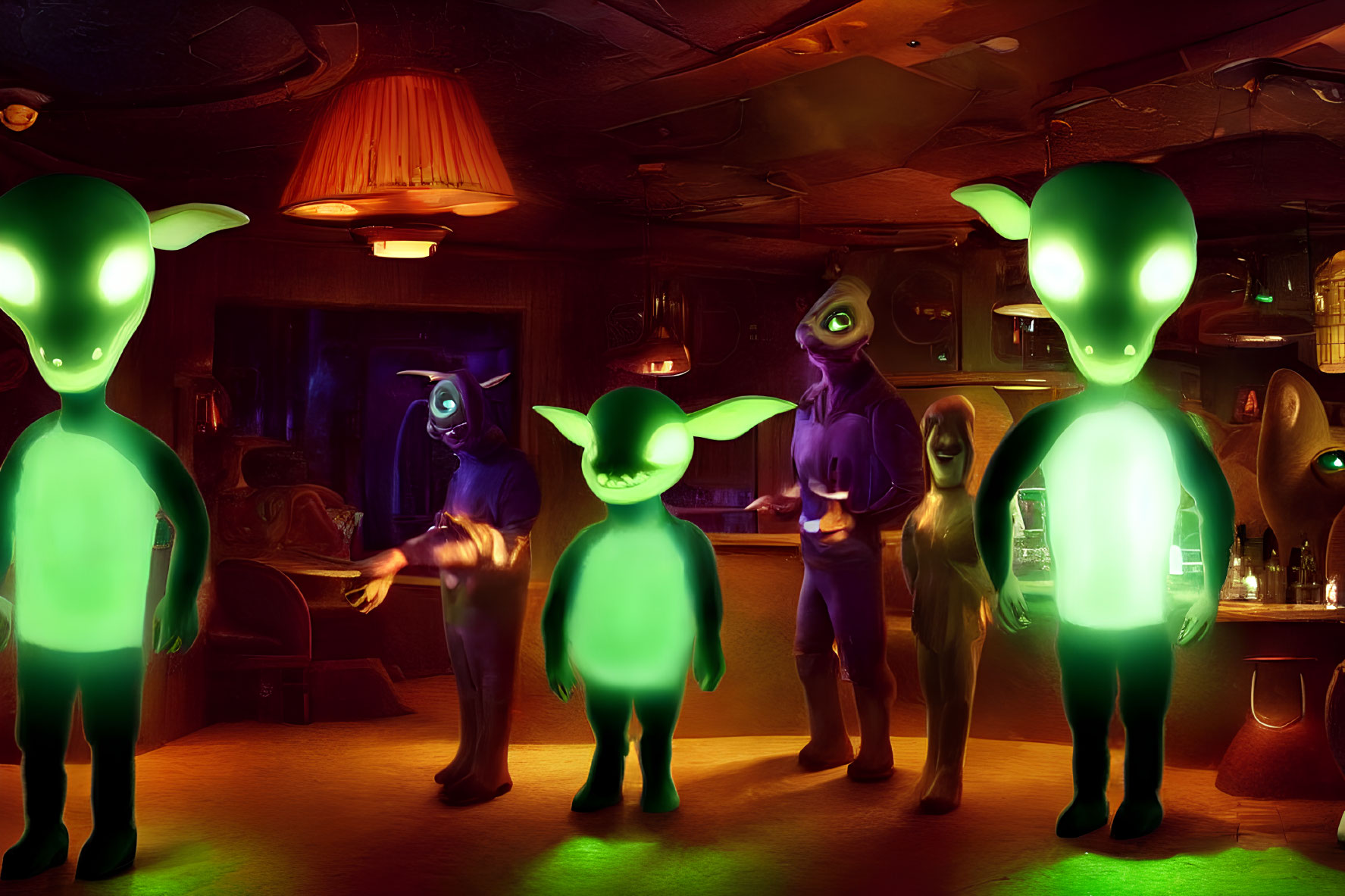 Glowing Green Skin Aliens in Dimly Lit Bar Setting