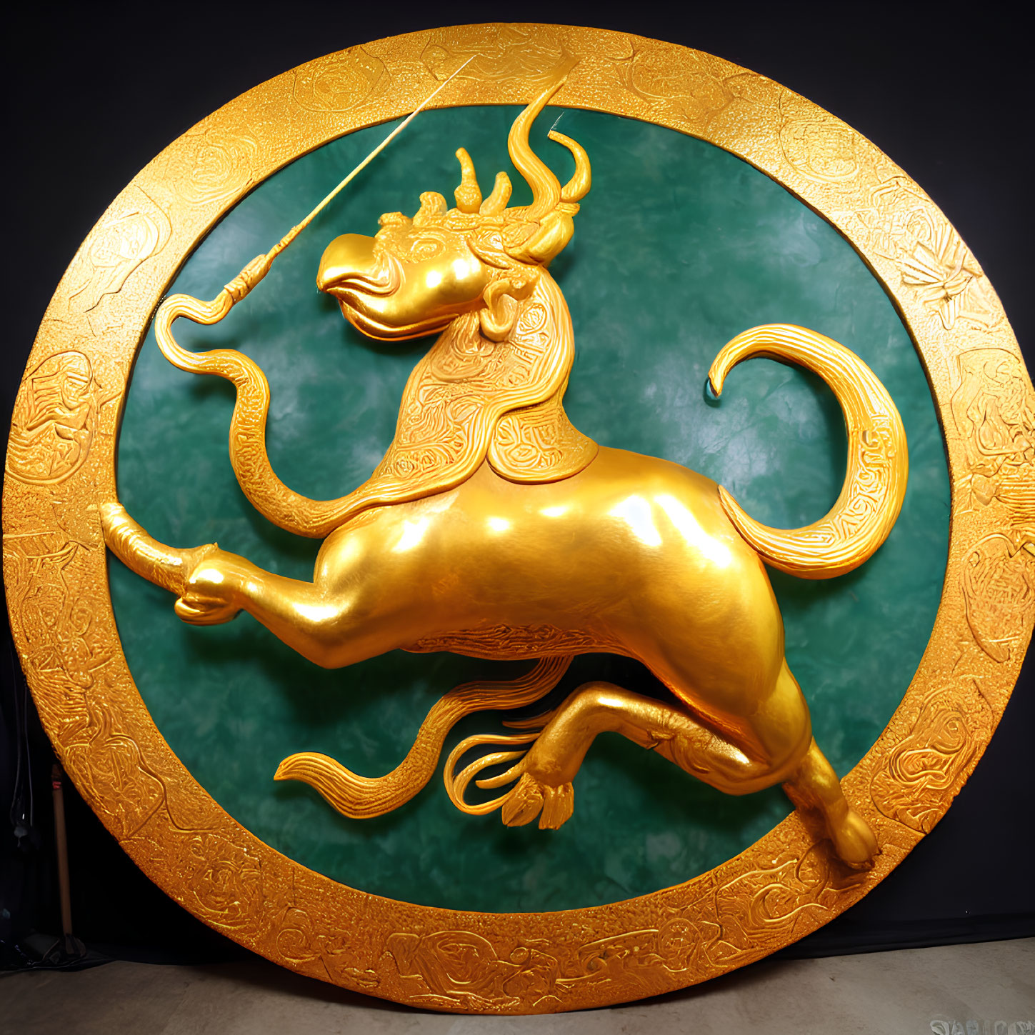 Golden Bull Mythical Creature Sculpture on Green Circular Backdrop