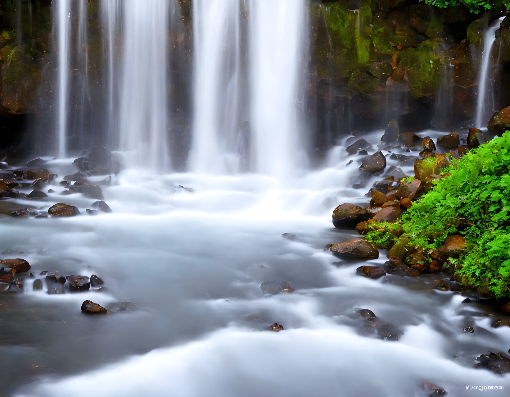 Tranquil waterfall flowing over rocky ledge surrounded by lush green foliage