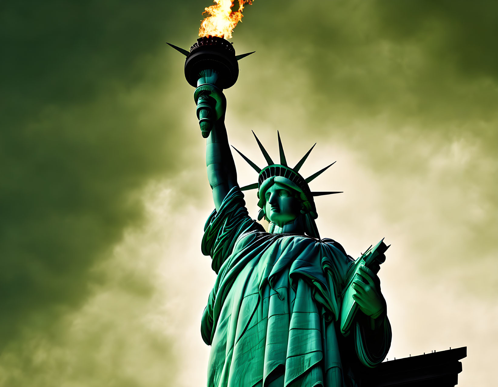 Iconic Statue of Liberty under dramatic greenish sky with highlighted torch flame