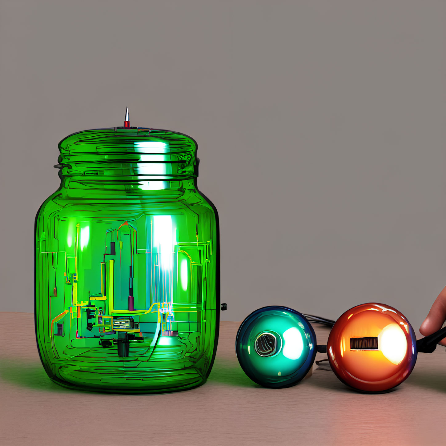 Green glass jar with miniature cityscape and metal spheres with circular lights in hand