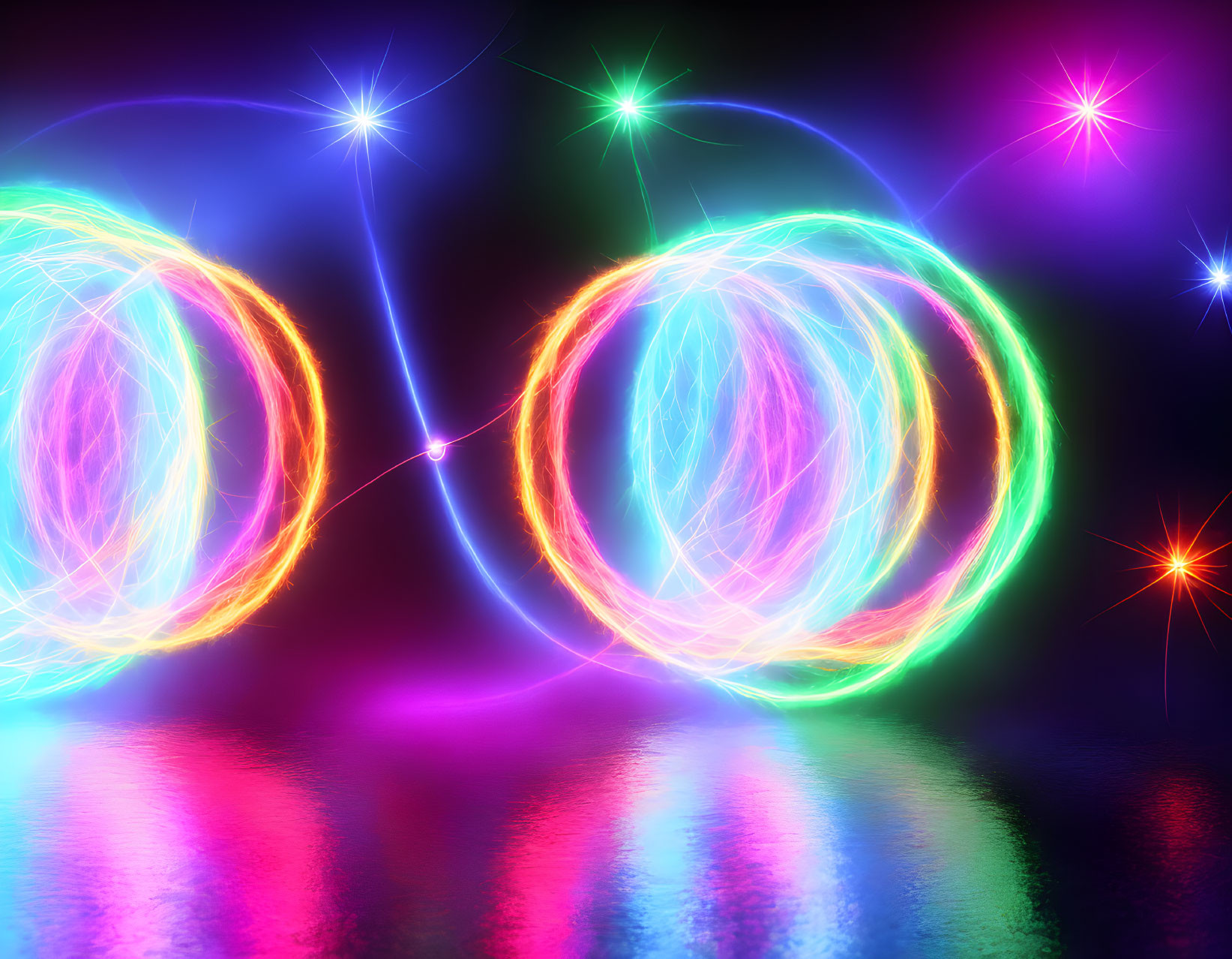 Colorful Circular Light Trails on Reflective Surface