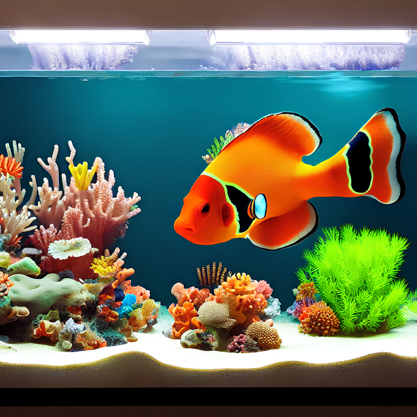 Colorful Clownfish and Corals in Vibrant Aquarium Scene