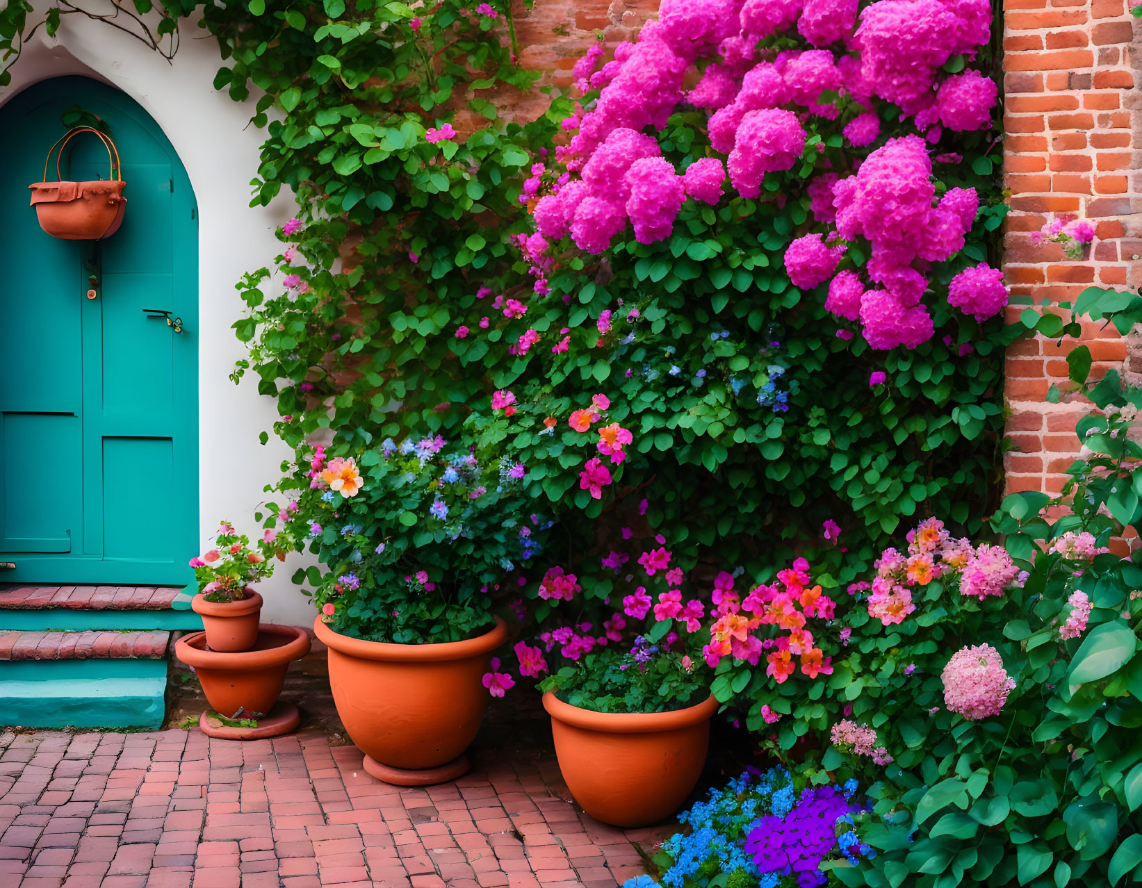 Lush Greenery and Pink Blooms in Vibrant Garden Scene