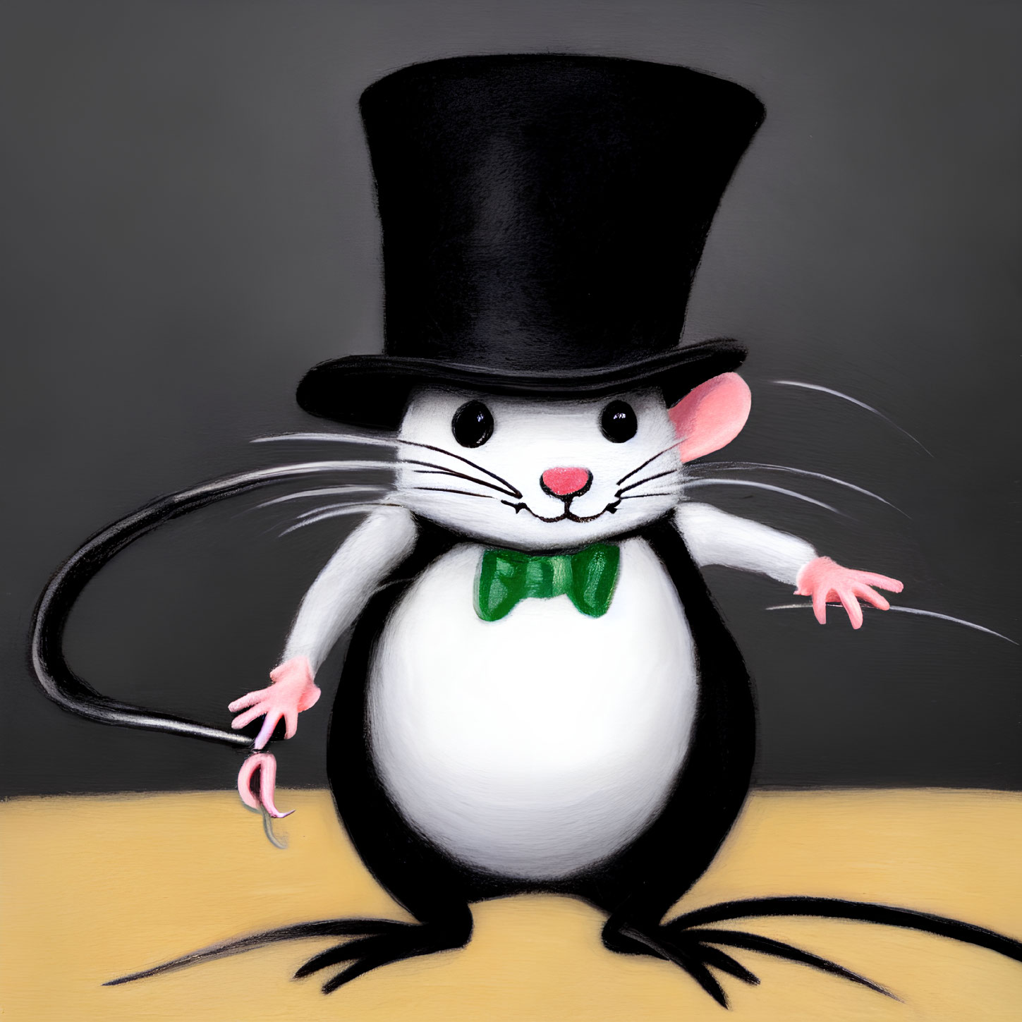 Whimsical mouse in black tuxedo and top hat on grey background