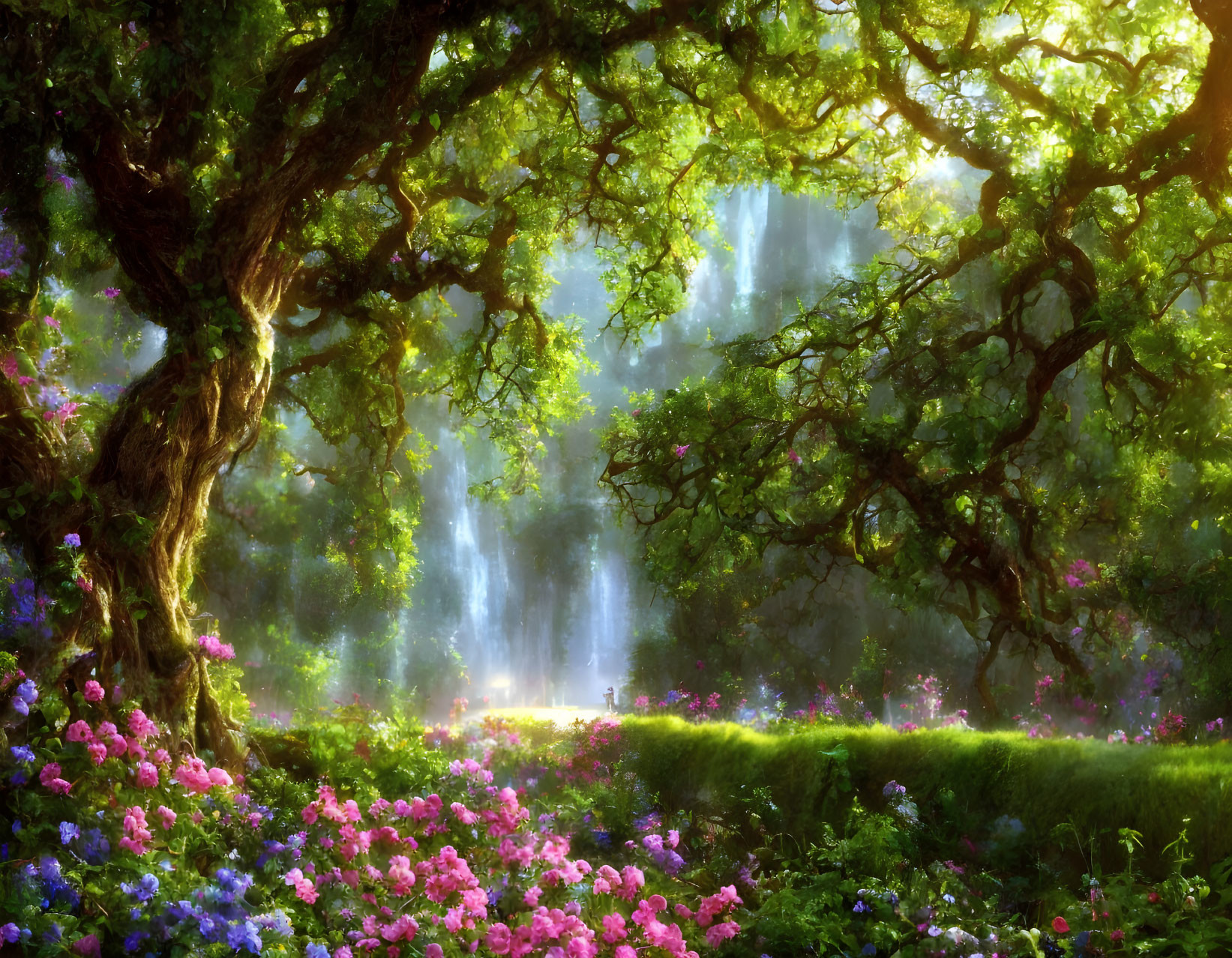 Tranquil forest scene with sunlight, flowers, and distant waterfall