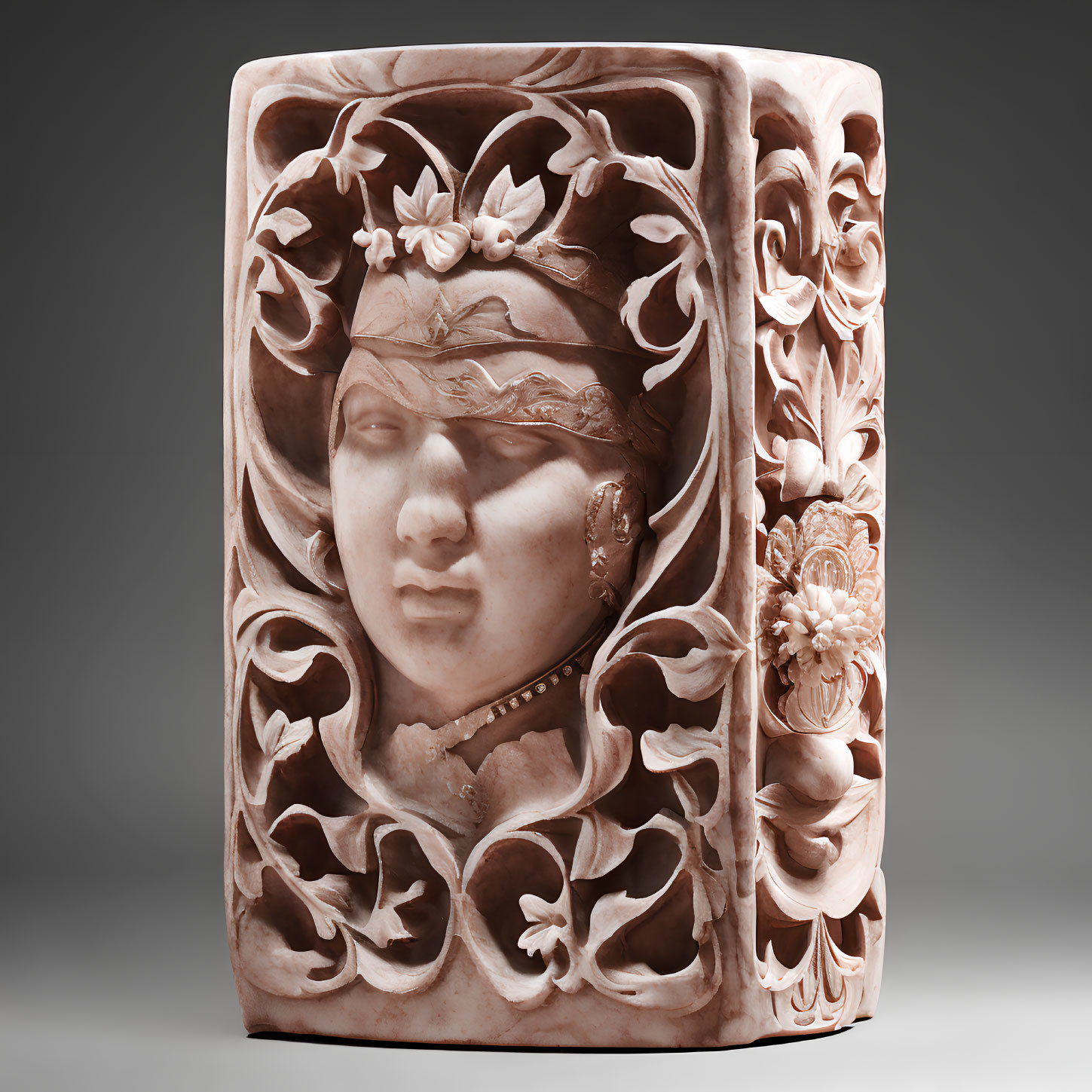 Intricate Woman's Face Carving on Stone Cylinder