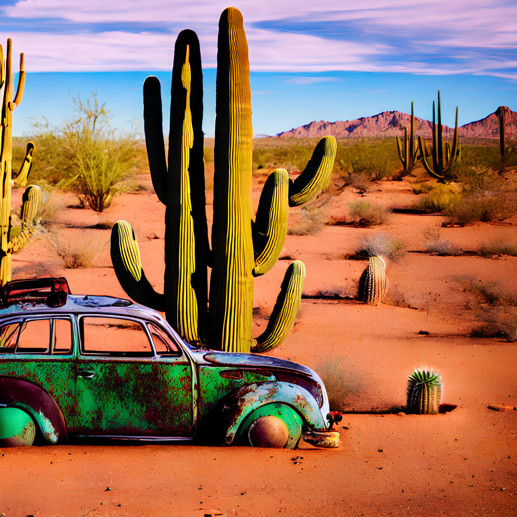 Abandoned vintage car in desert with towering cacti under clear sky