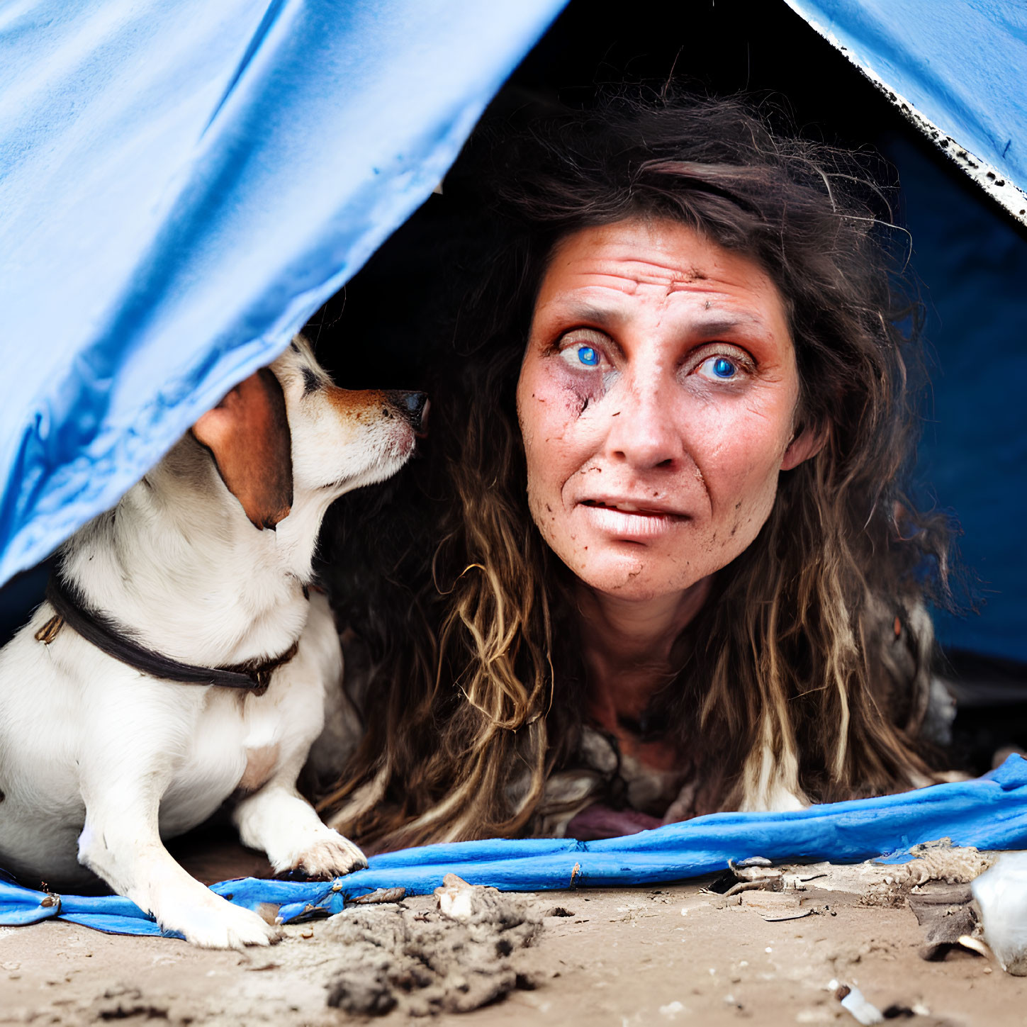 Distressed woman with dirt on face in blue tent with concerned dog