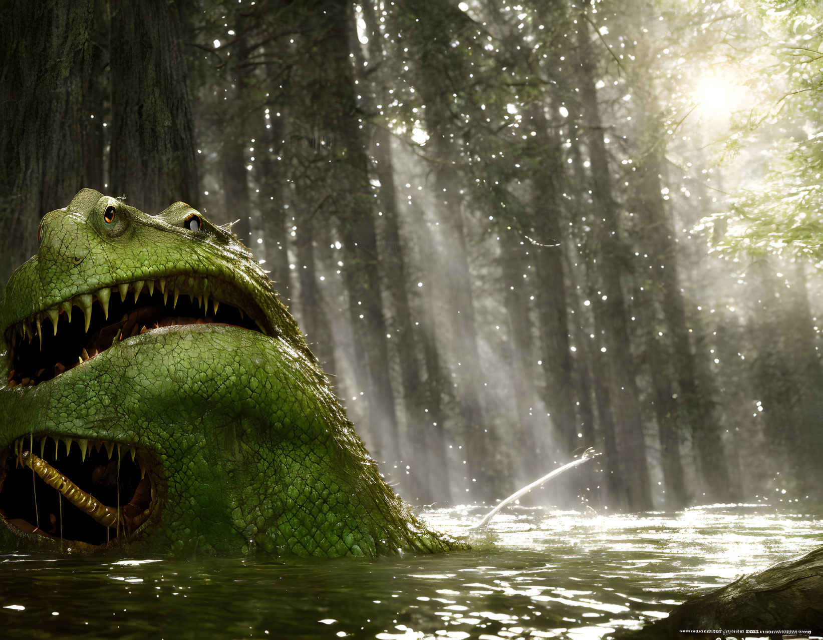 3D-rendered crocodile head emerging from misty swamp