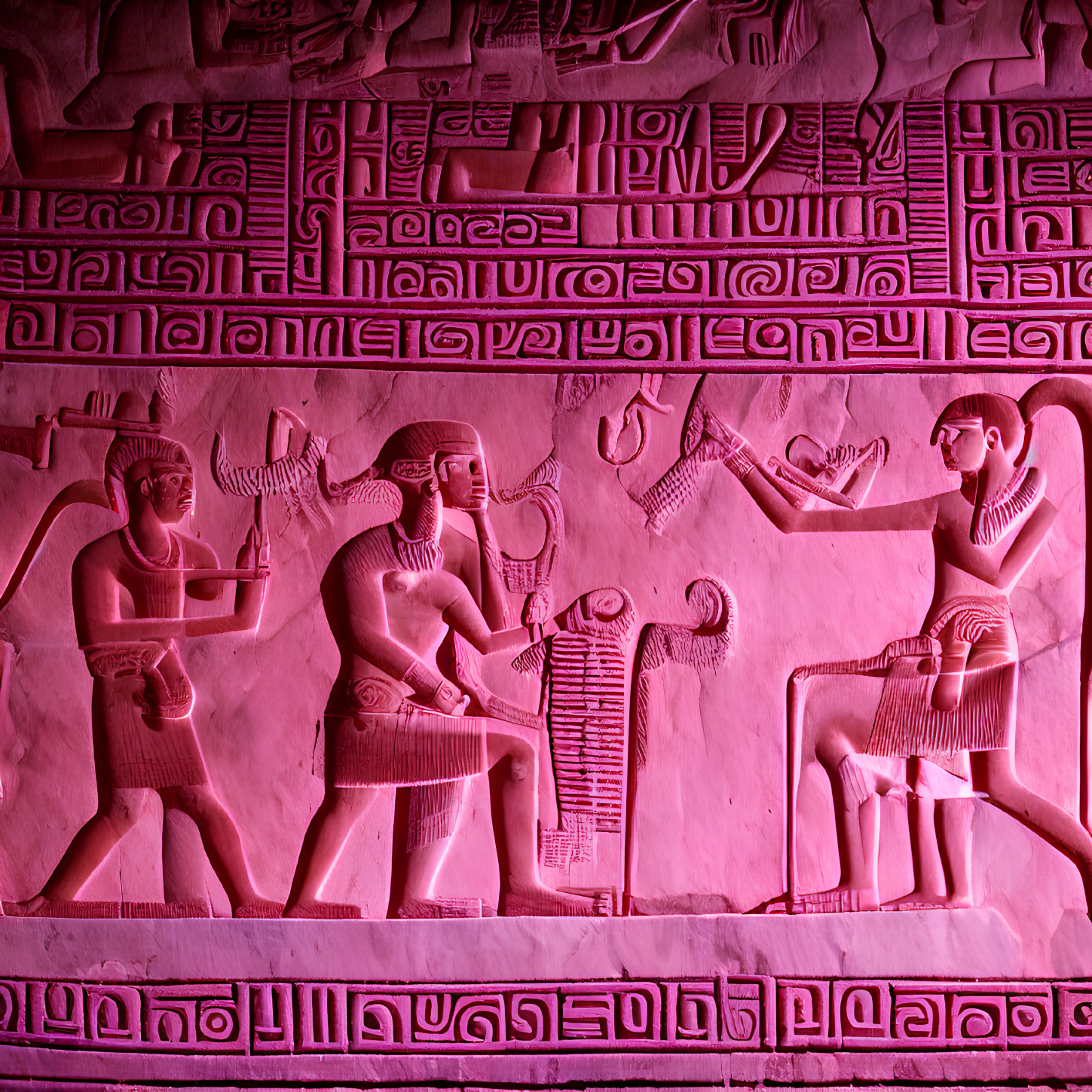 Ancient Egyptian relief carving with figures in traditional attire and hieroglyphic inscriptions under pink light