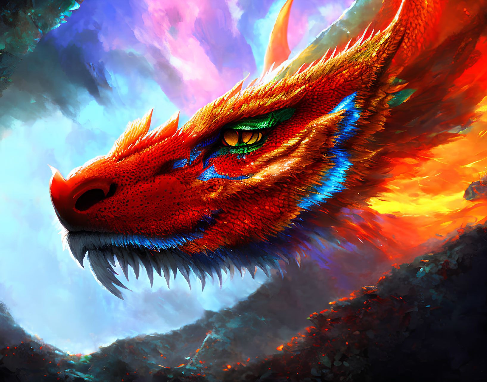 Colorful Dragon with Green Eyes in Fiery Clouds and Blue Smoke