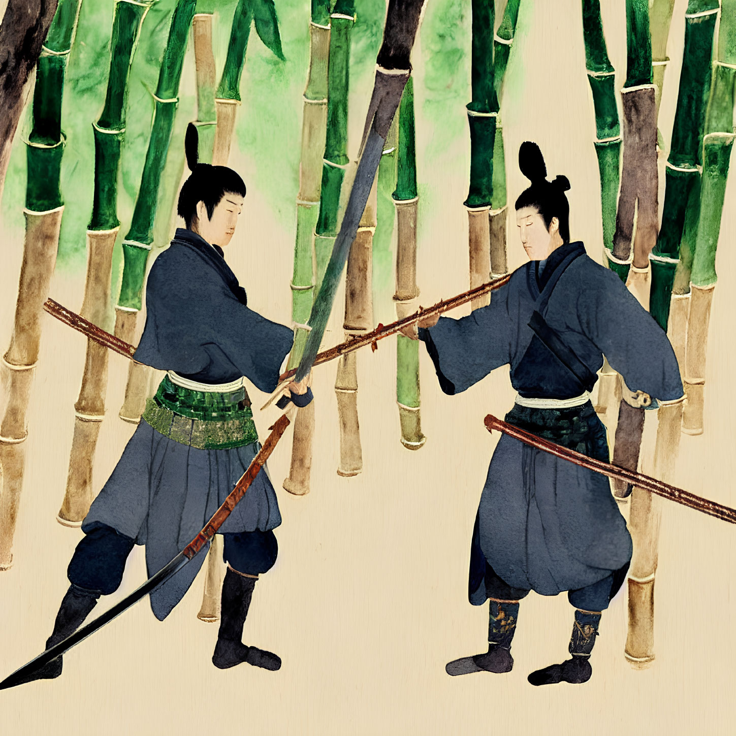 Traditional attire sword combat in bamboo setting