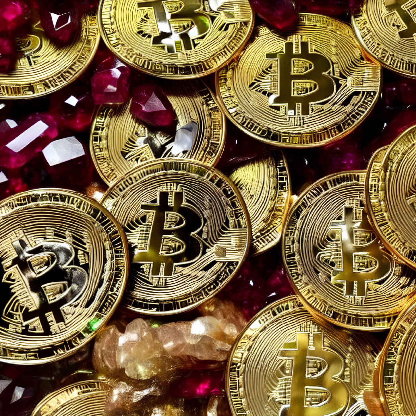 Golden Bitcoin tokens with red gemstones and gold nuggets symbolize cryptocurrency investment.