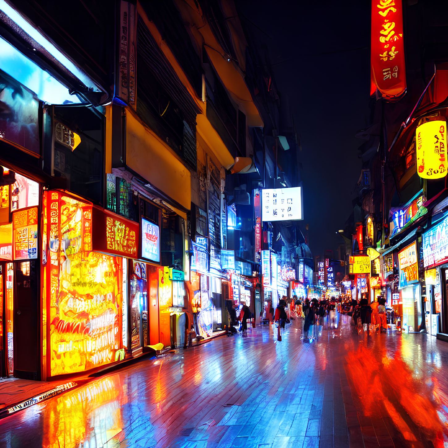 Night Scene: Vibrant Street with Neon Signs and Pedestrians