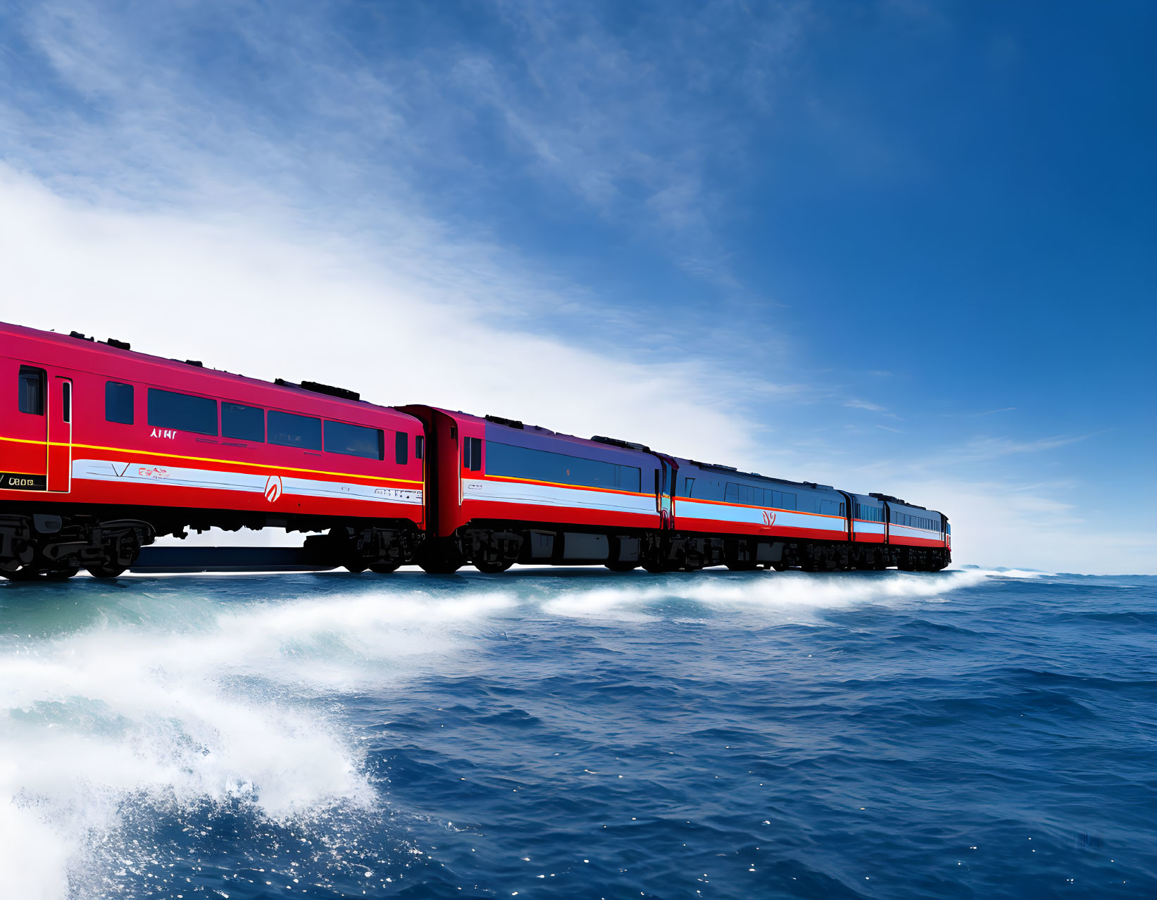 Red and Blue Train Gliding Over Calm Blue Ocean