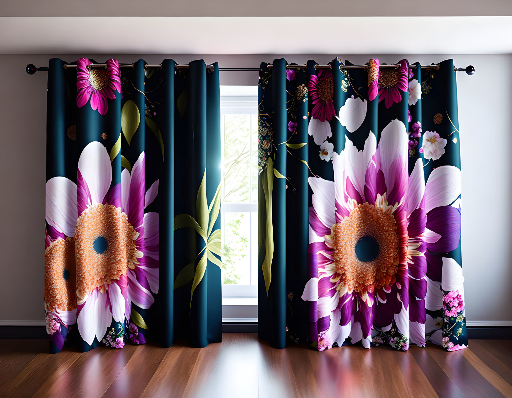 Modern Room with Large Colorful Floral Curtains and Tranquil Outdoor View