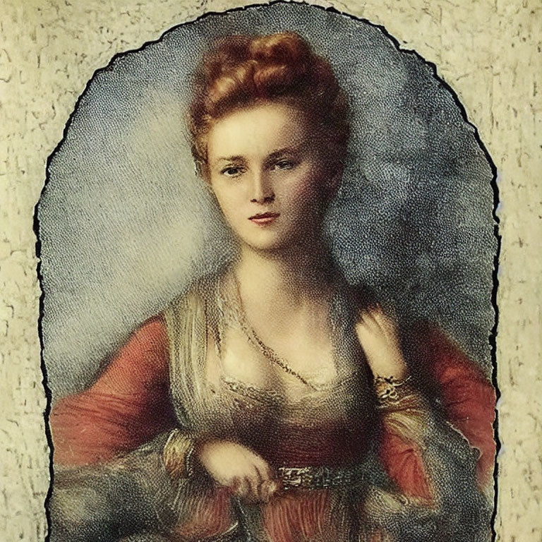 Red-haired woman in renaissance-style red dress with updo.