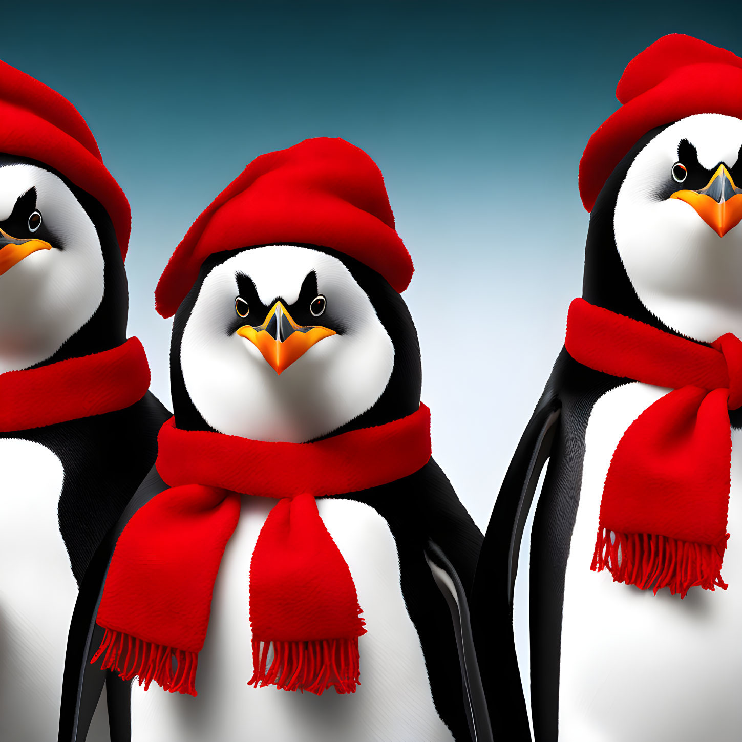 Cartoon penguins with red hats and scarves on blue gradient background