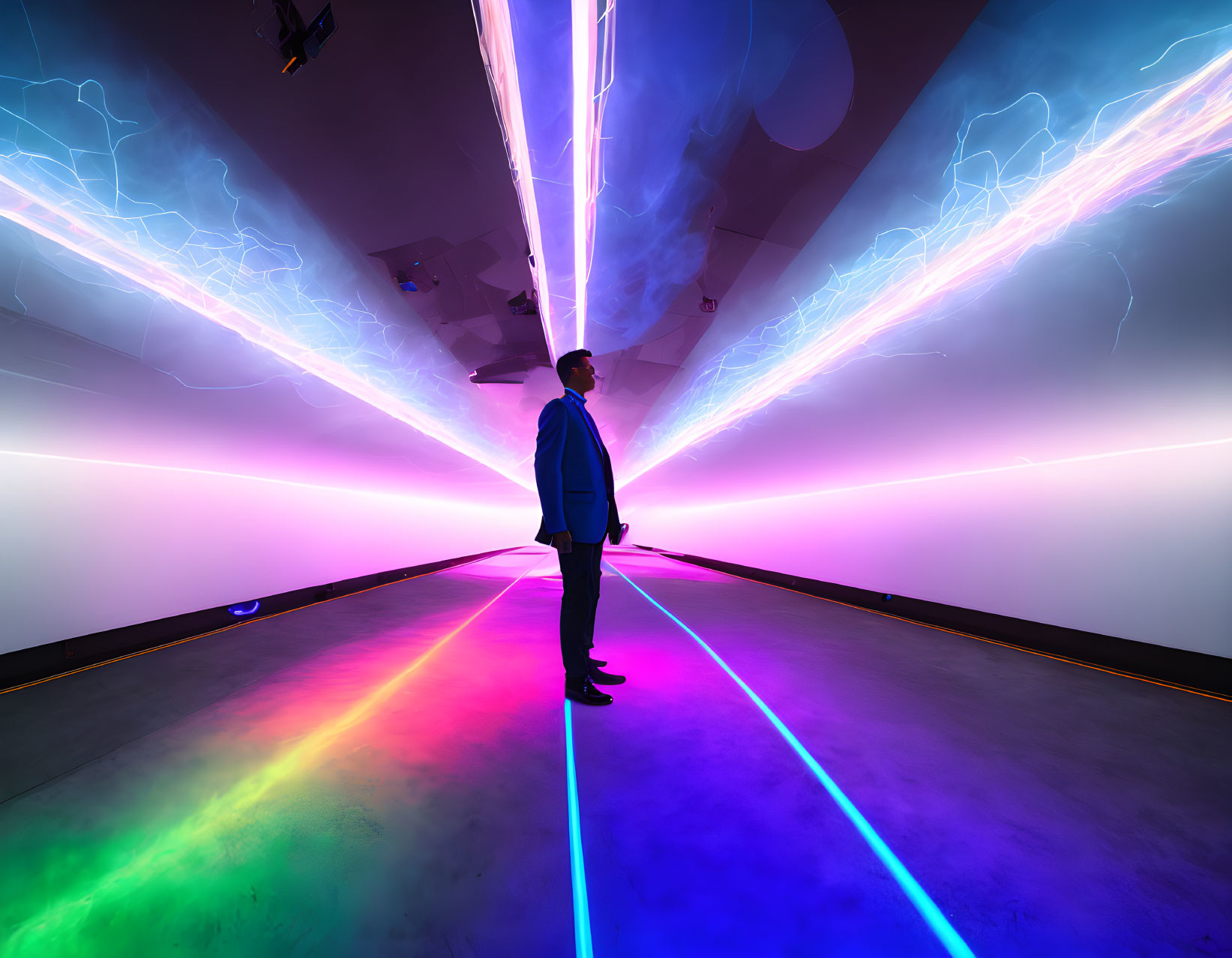 Futuristic tunnel with vibrant neon lights and dynamic patterns