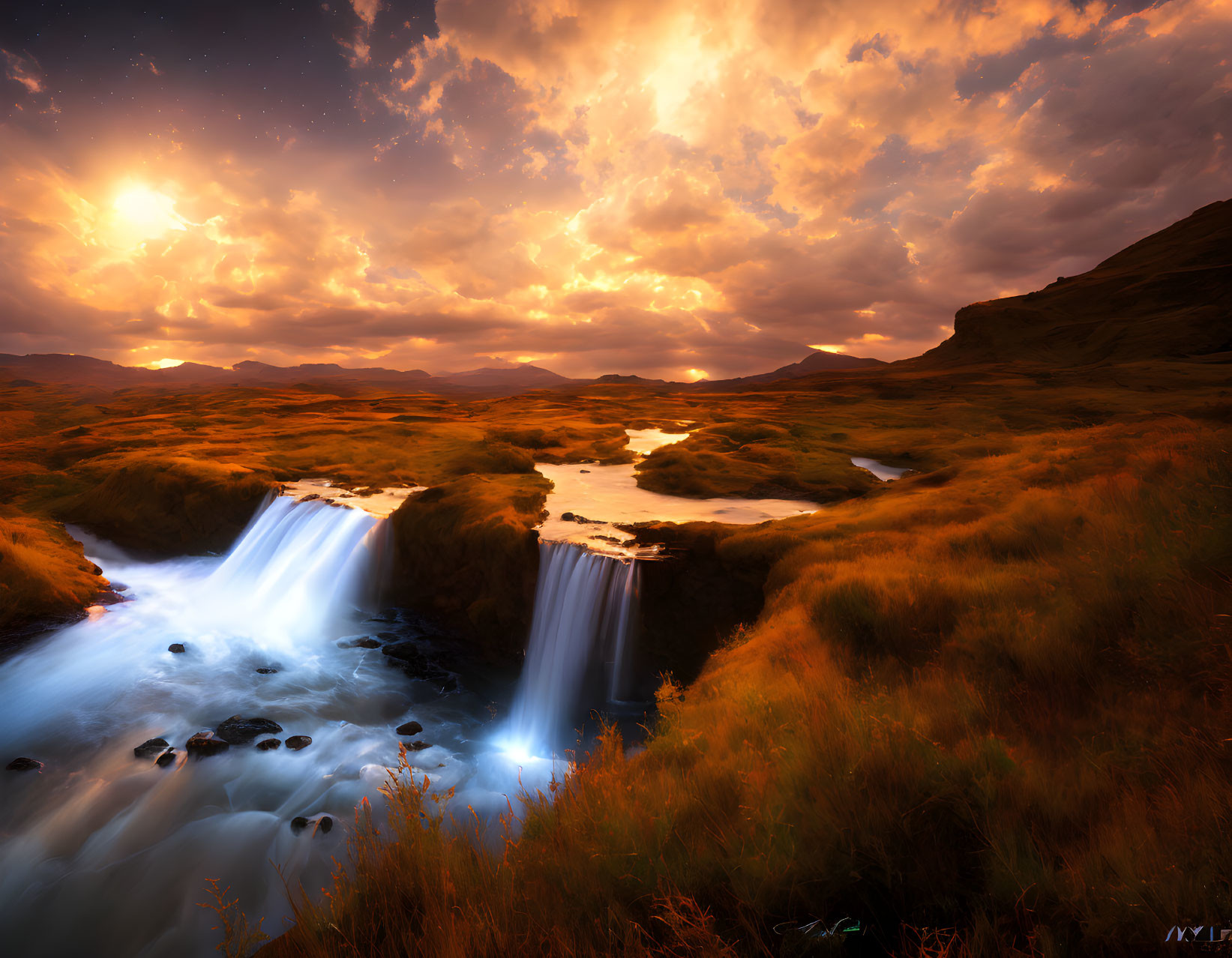 Scenic sunset with sun rays, waterfall, river, and golden fields