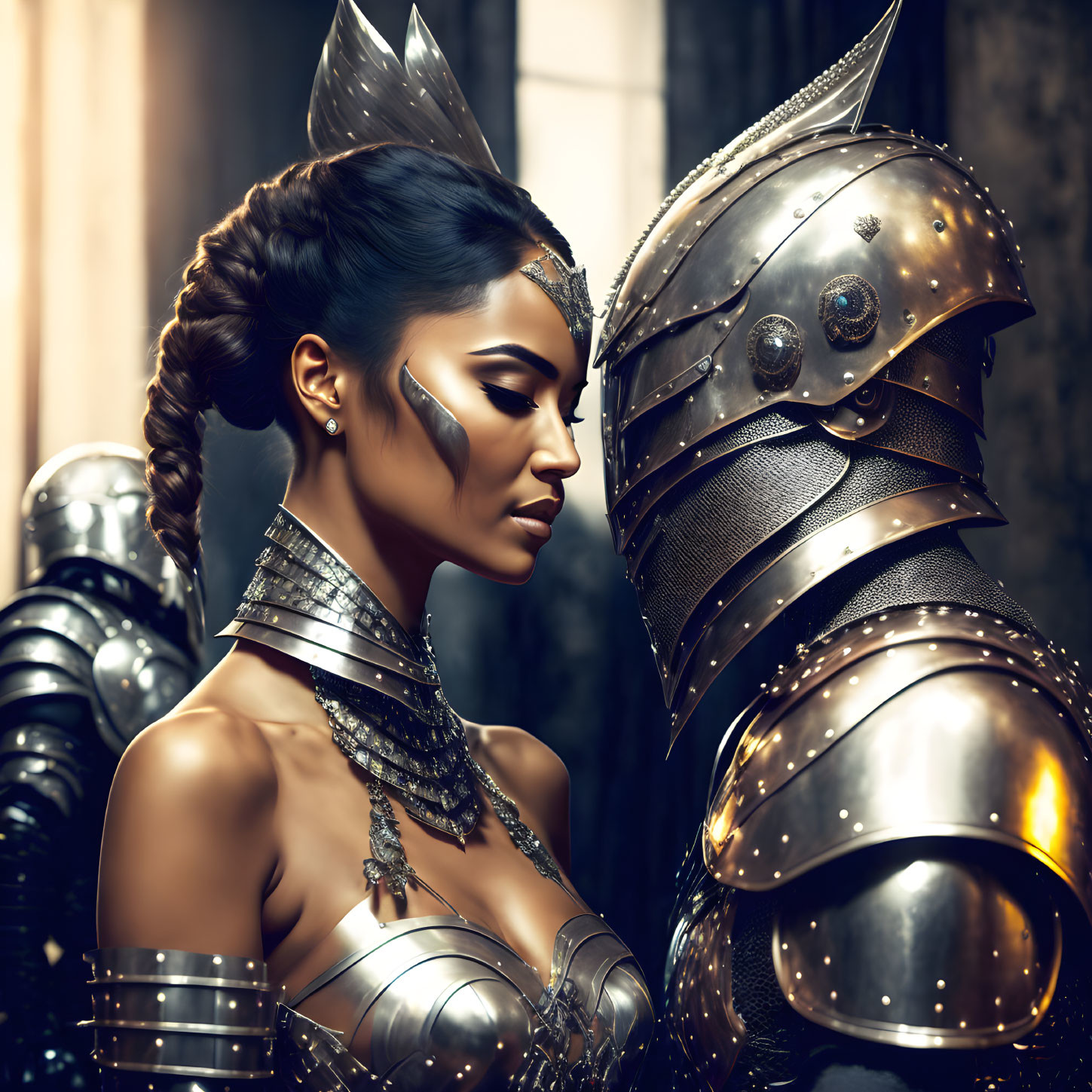 Fantasy armor woman with medieval knight in full plate armor