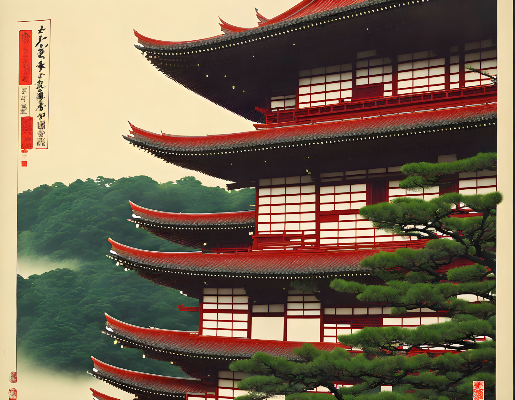 Red Japanese Pagoda Surrounded by Trees in Misty Setting