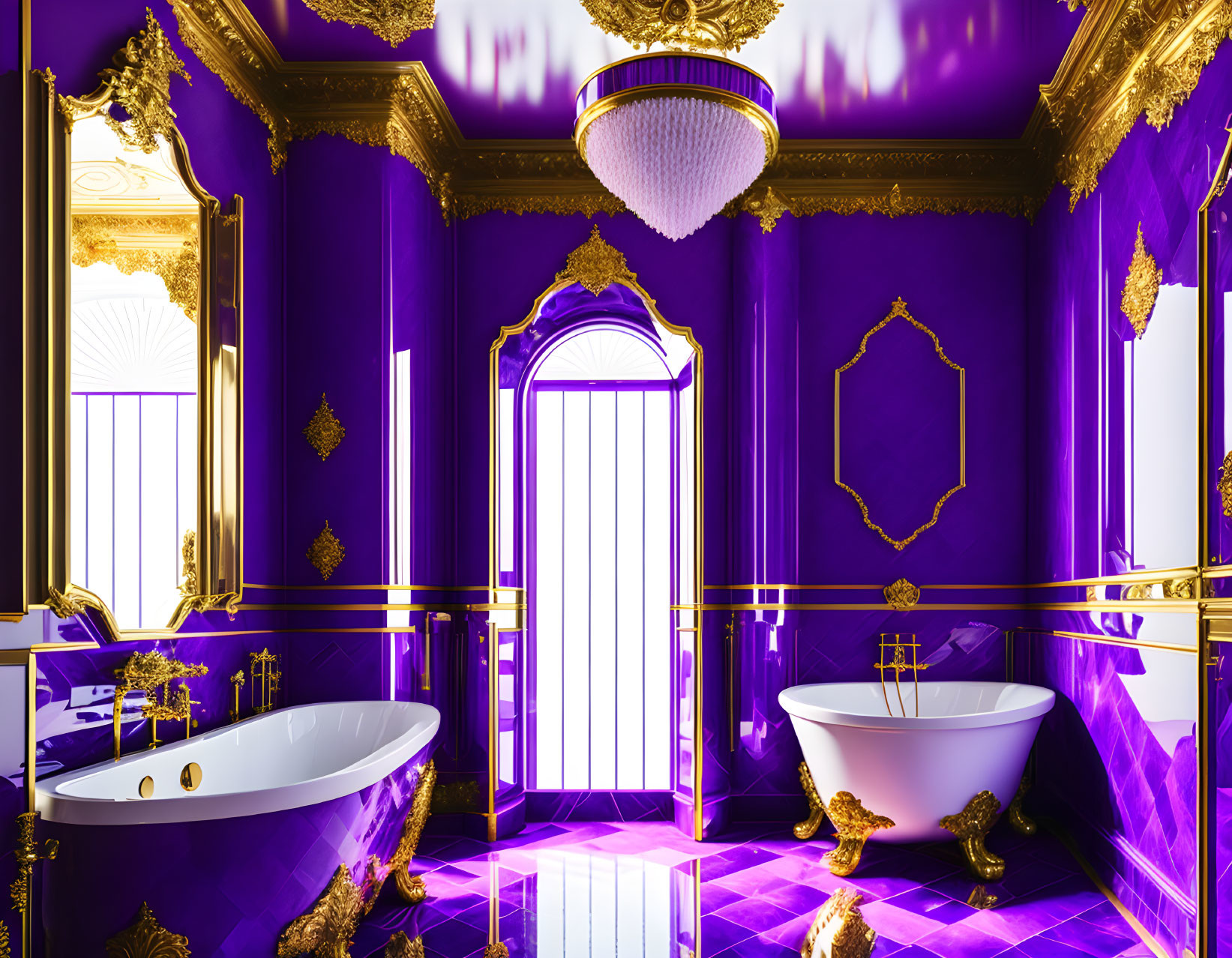 Luxurious Purple and Gold Bathroom with Freestanding Tub and Ornate Fixtures