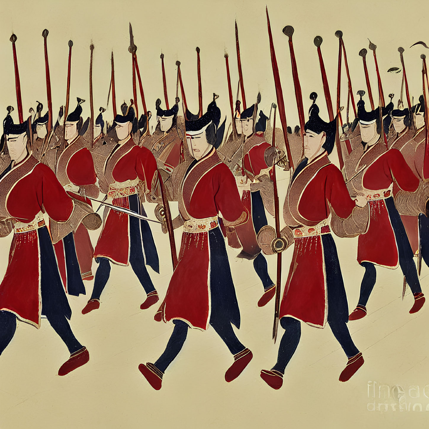 Stylized painting of soldiers in traditional attire with spears and bows