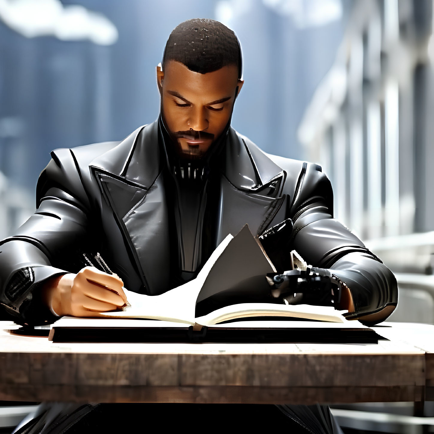 Man in black leather jacket writing at table with cityscape view