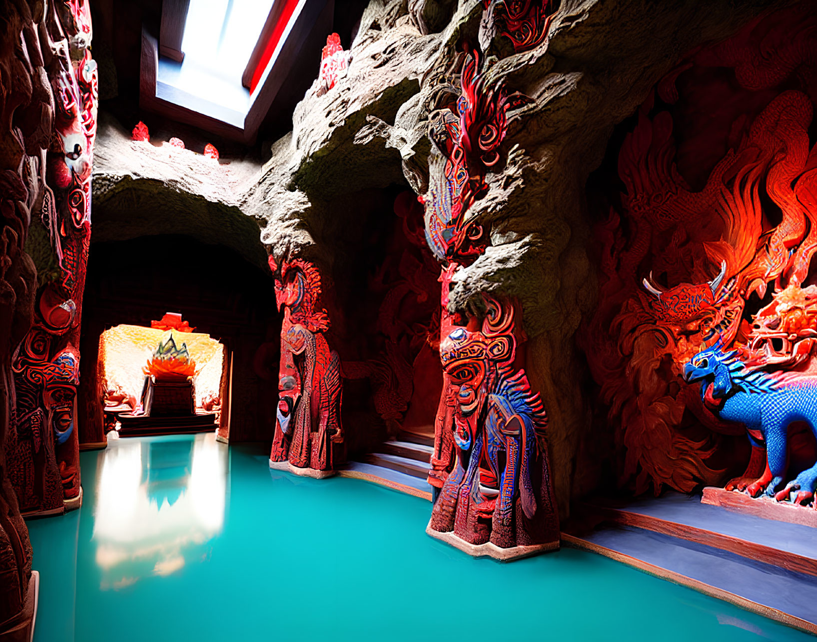 Vibrant red and blue mythological sculptures in ornate room with teal floor and traditional altar