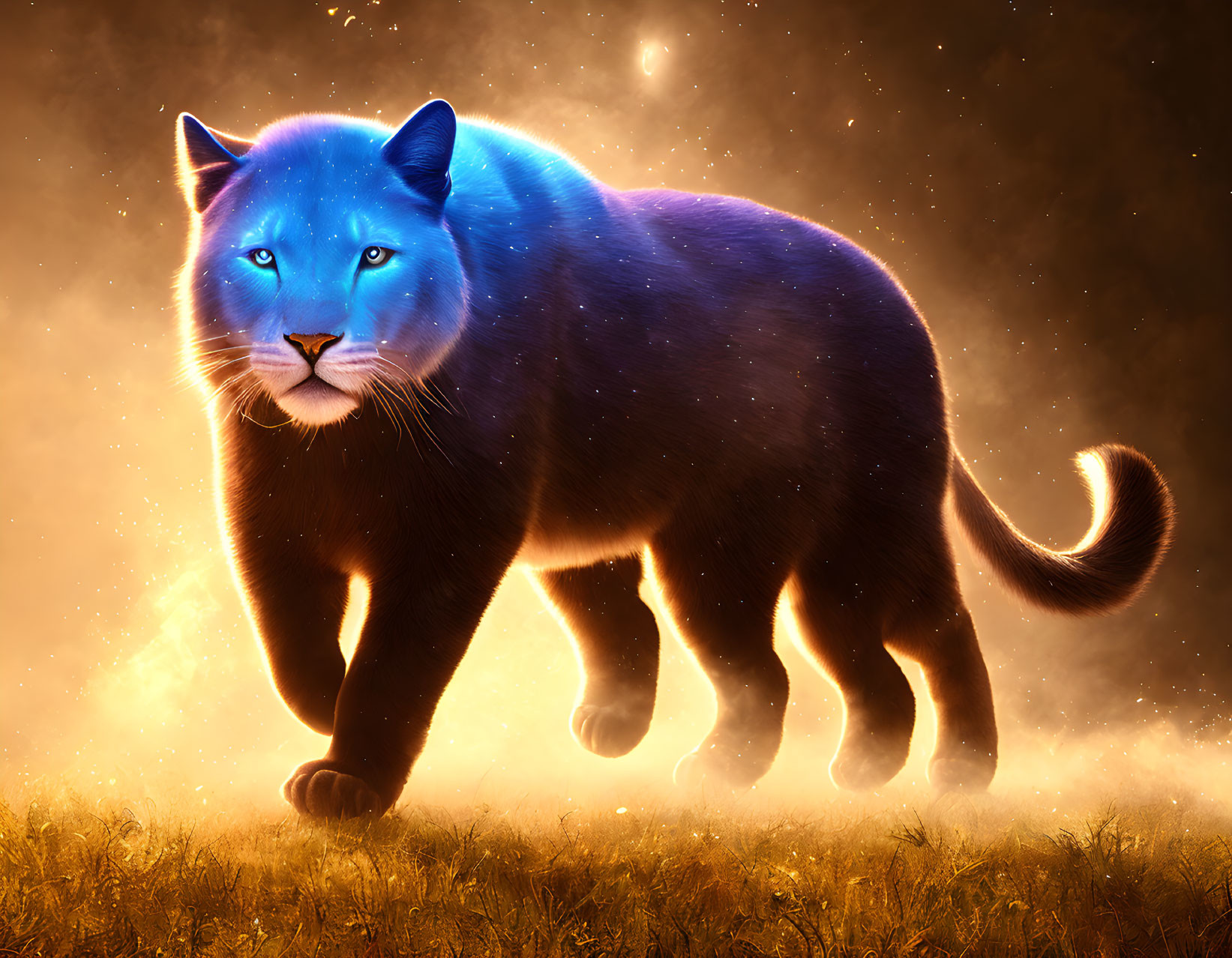 Blue fantasy cat with glowing aura in cosmic setting