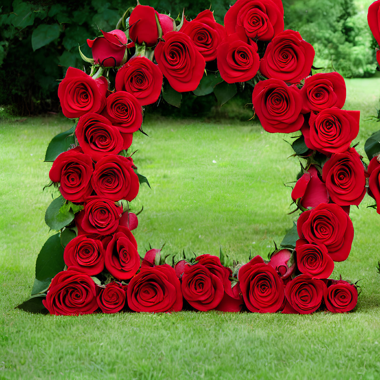 Vibrant Red Roses Heart-Shaped Arrangement on Green Grass