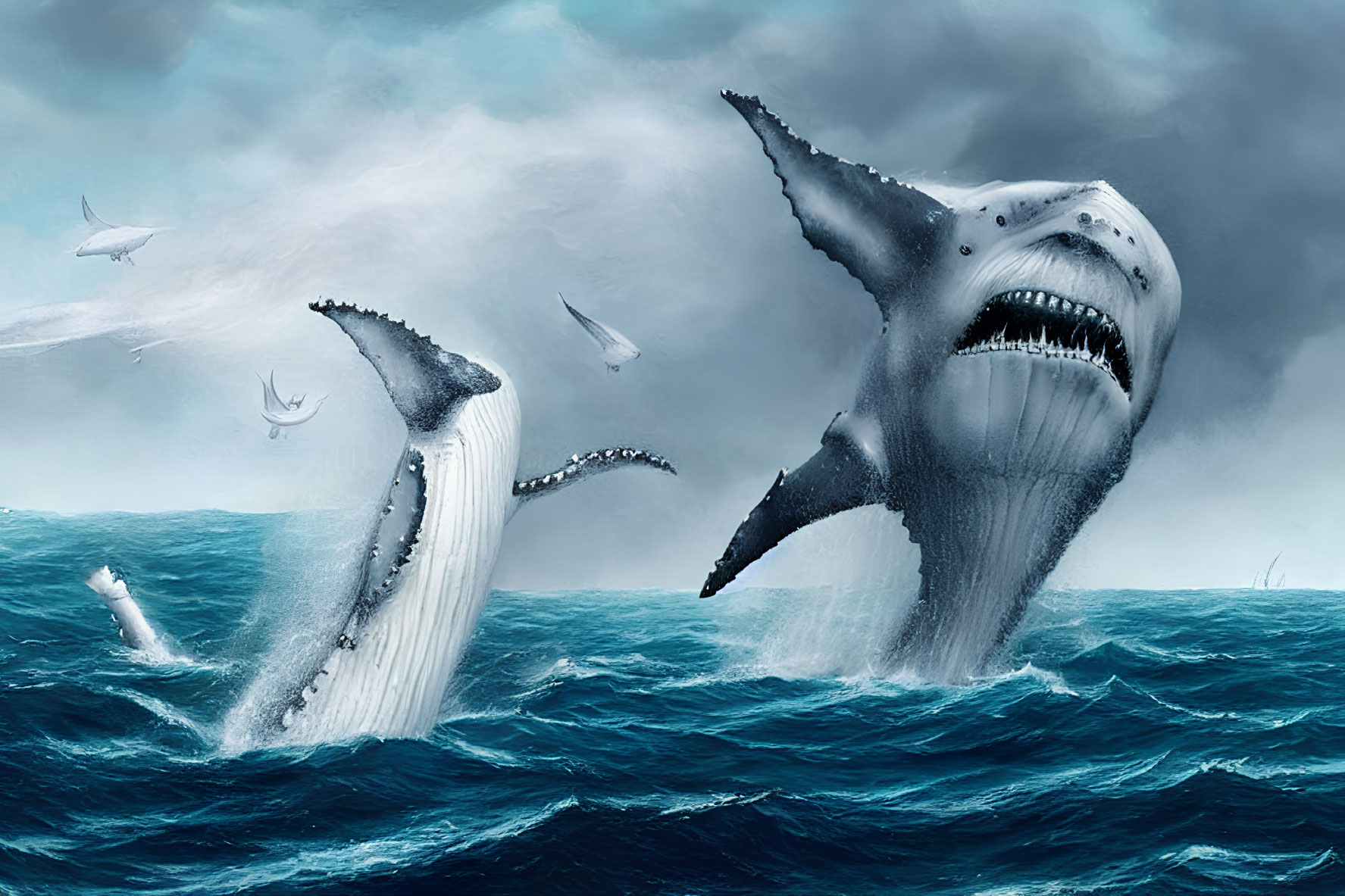 Whale and Great White Shark Breaching in Stormy Ocean