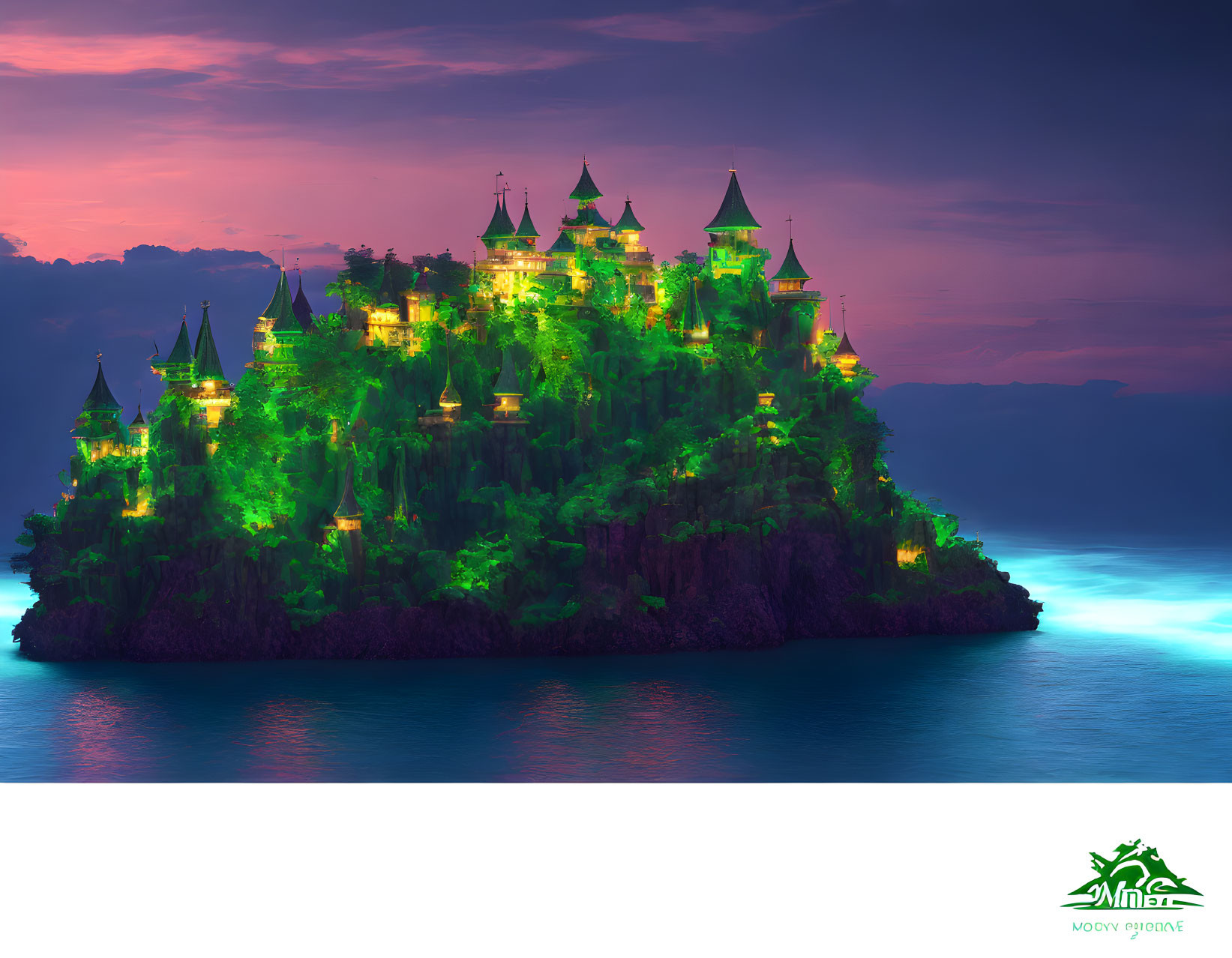 Lush green island with fairytale castles under twilight sky