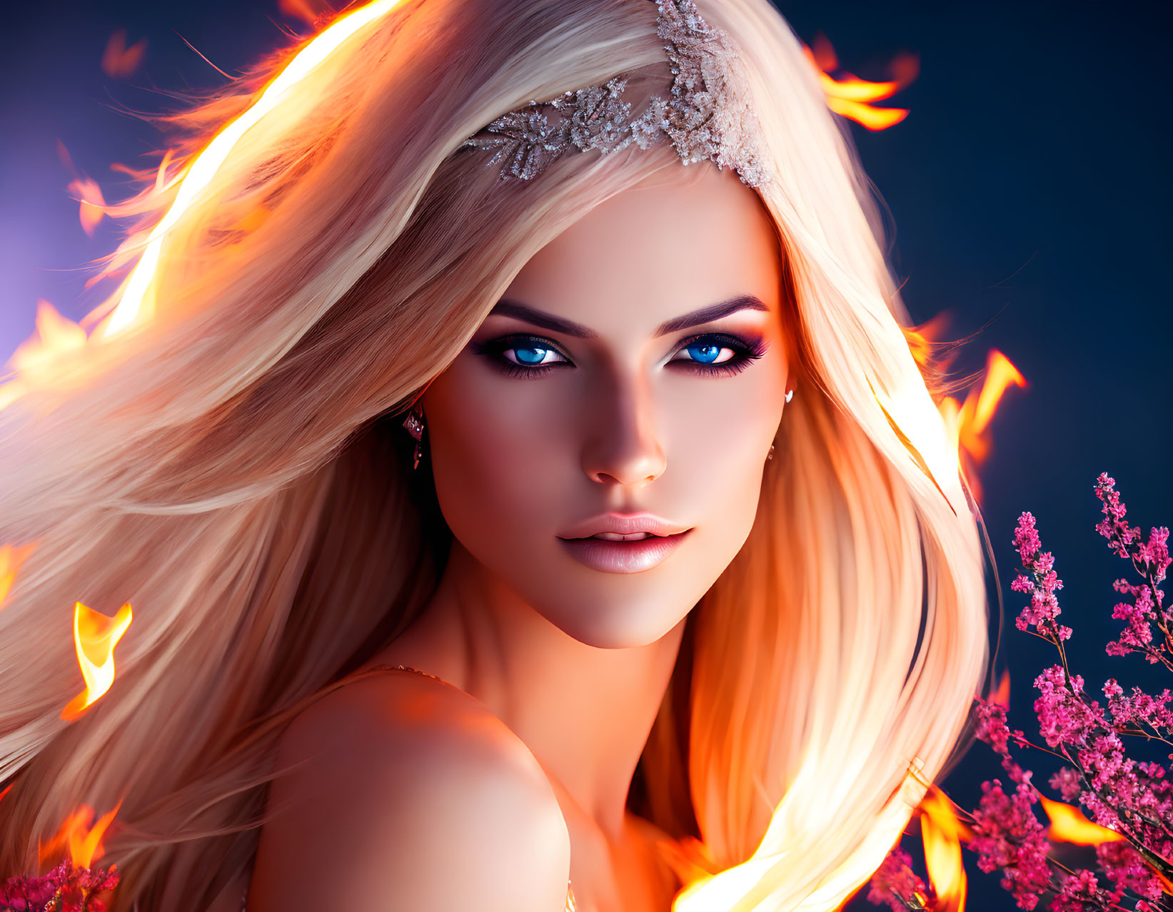 Digital illustration of woman with blonde hair, blue eyes, headpiece, fiery elements, pink blossoms