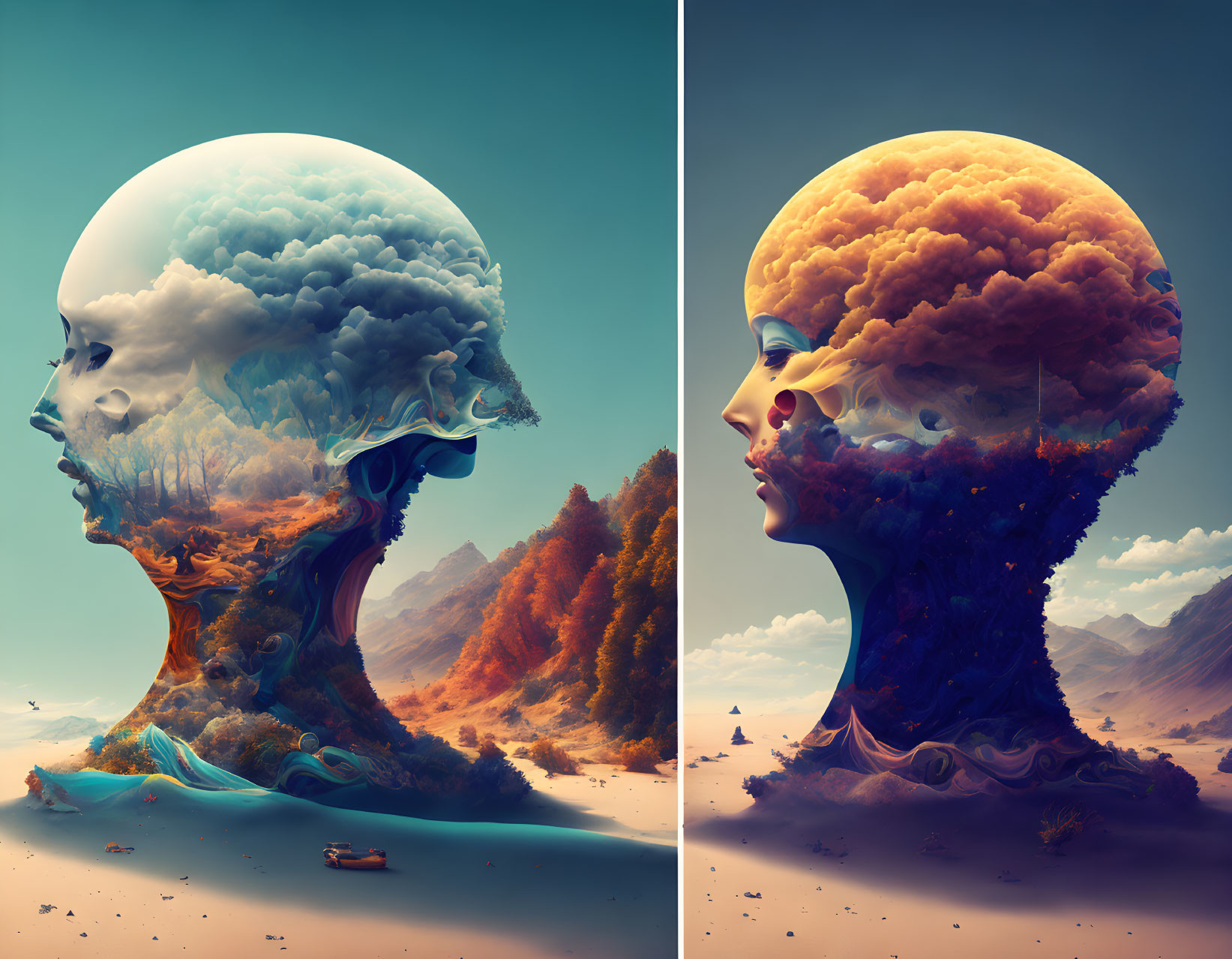 Surreal Artwork: Human Profiles Merge with Landscapes in Dreamlike Setting