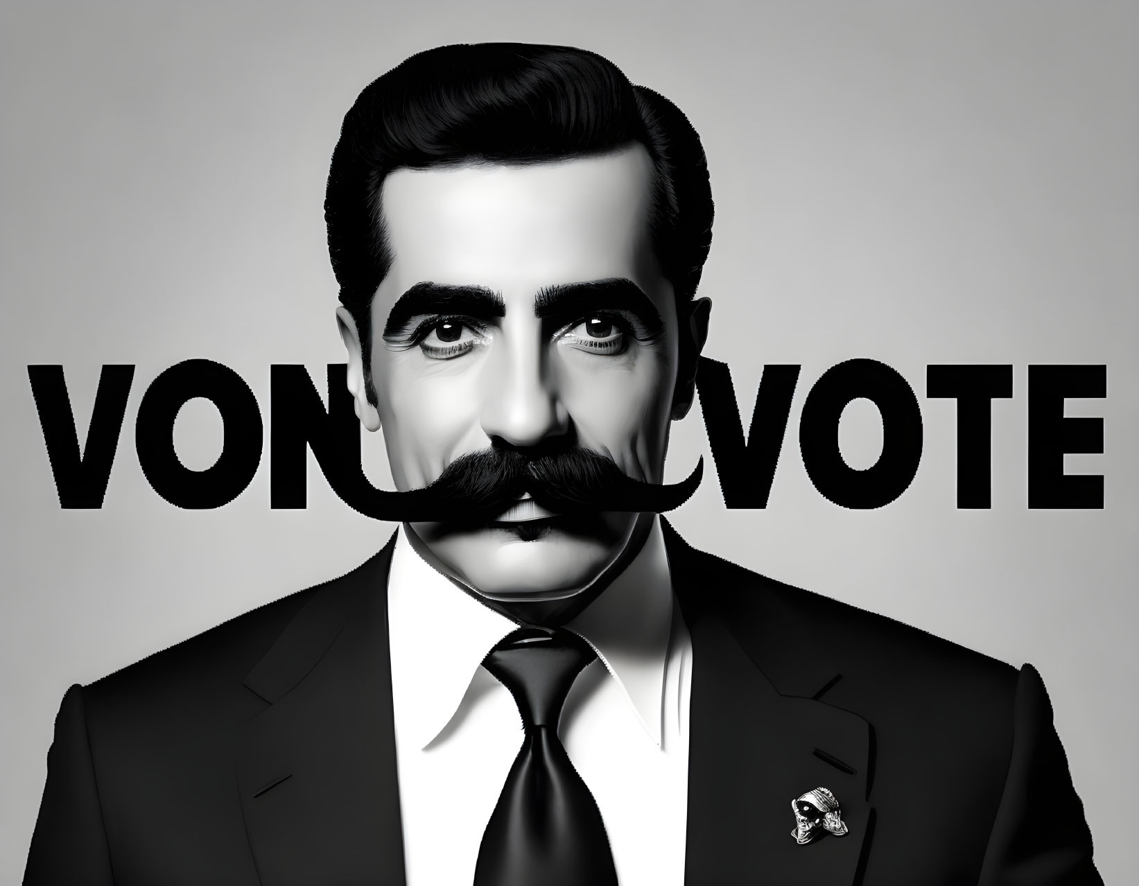 Monochromatic image of a stylized man with mustache in suit and tie with "VOTE