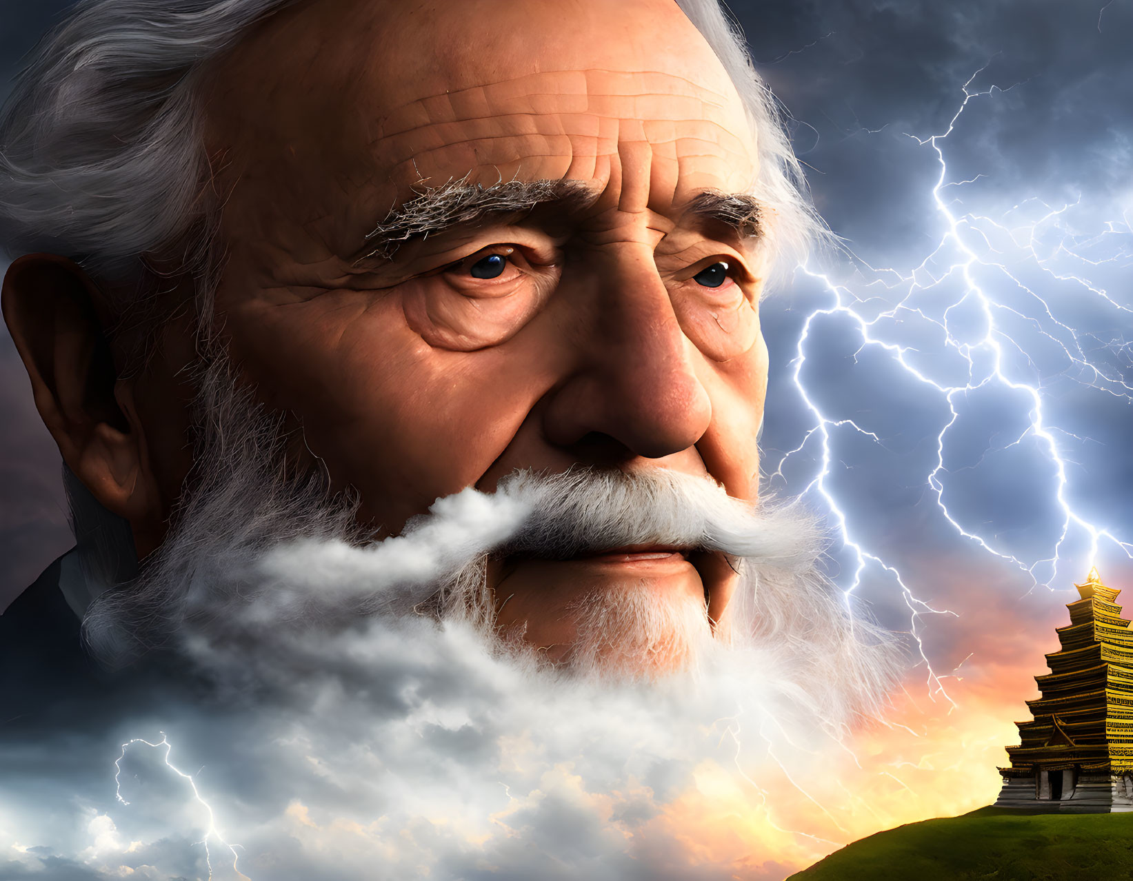 Elderly man with white beard in clouds, lightning, golden pagoda on grassy hill