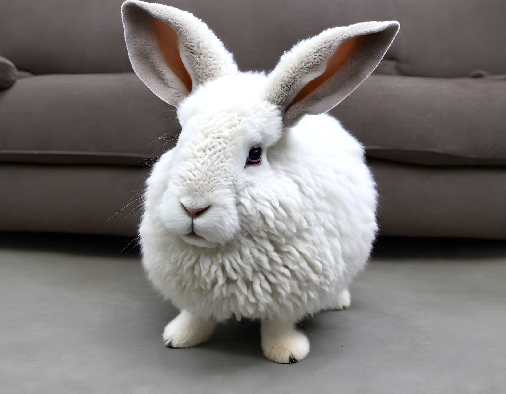 Fluffy white rabbit with upright ears by grey couch