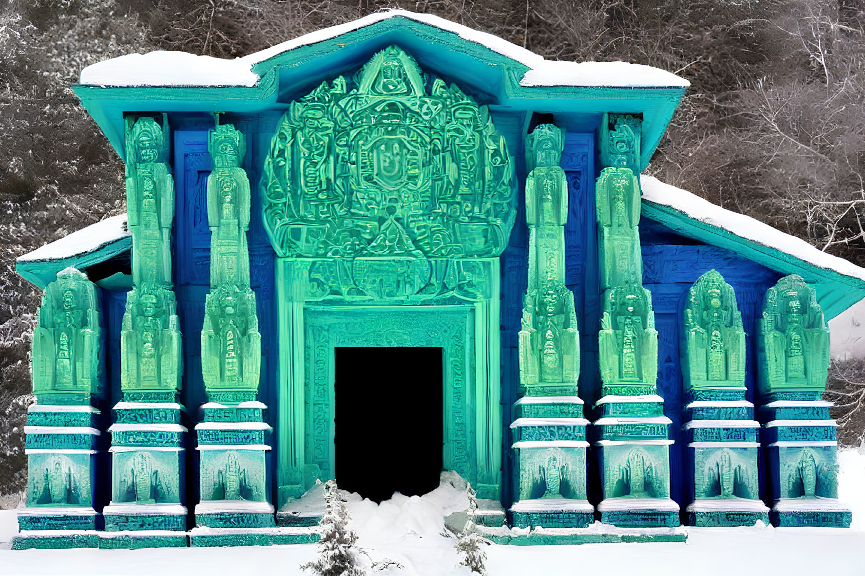 Snow-covered blue wooden structure with intricate carvings in forest setting