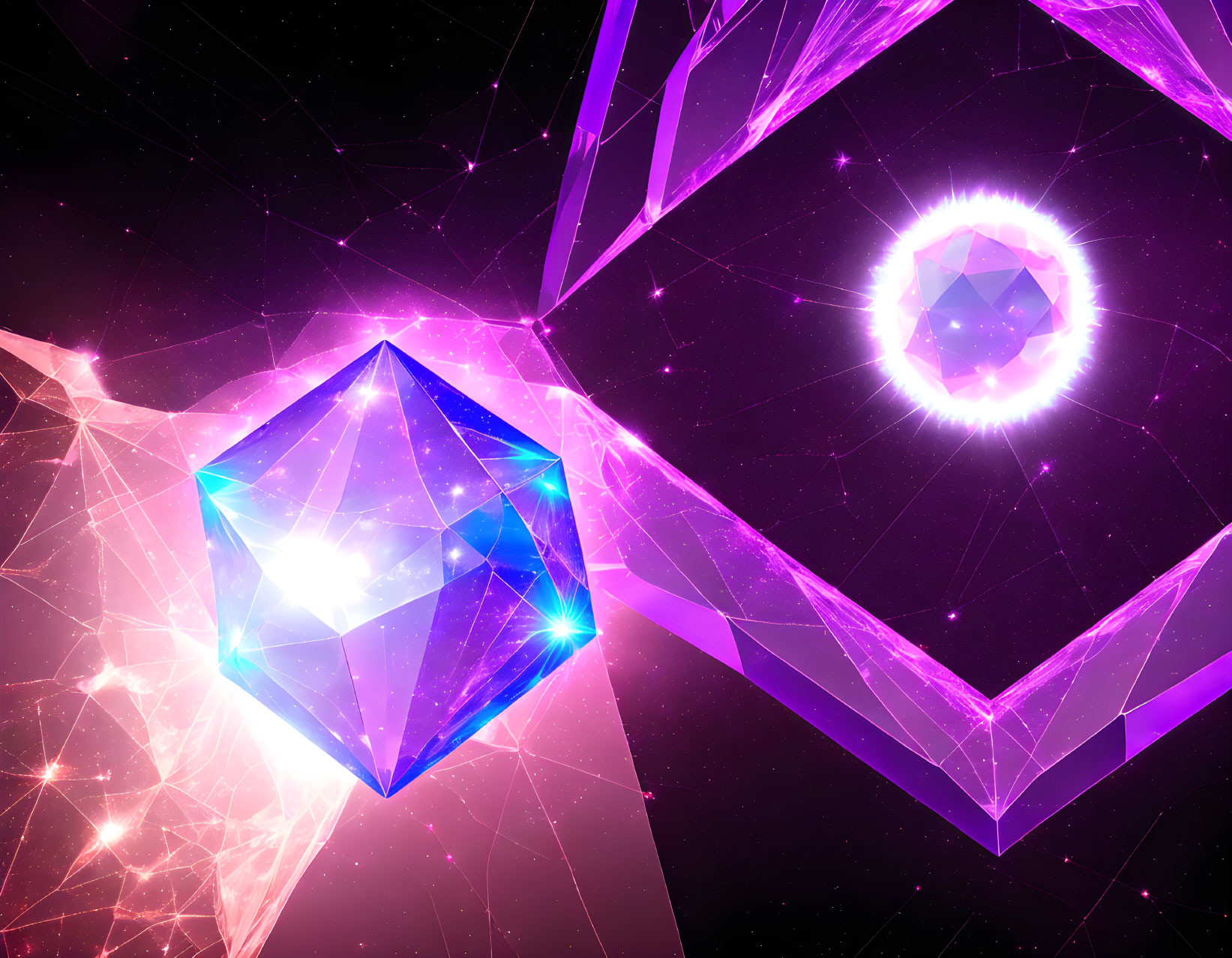 Colorful abstract geometric crystals on pink and purple background