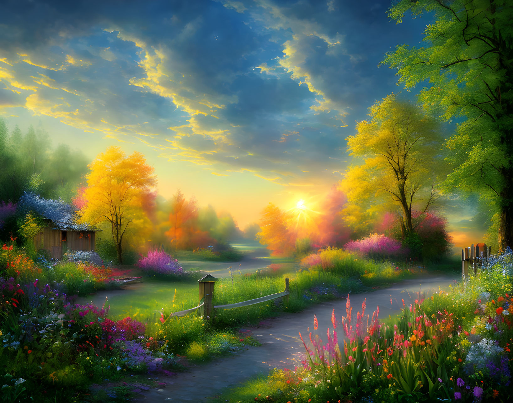 Vibrant sunrise landscape with river, flowers, trees & cottage