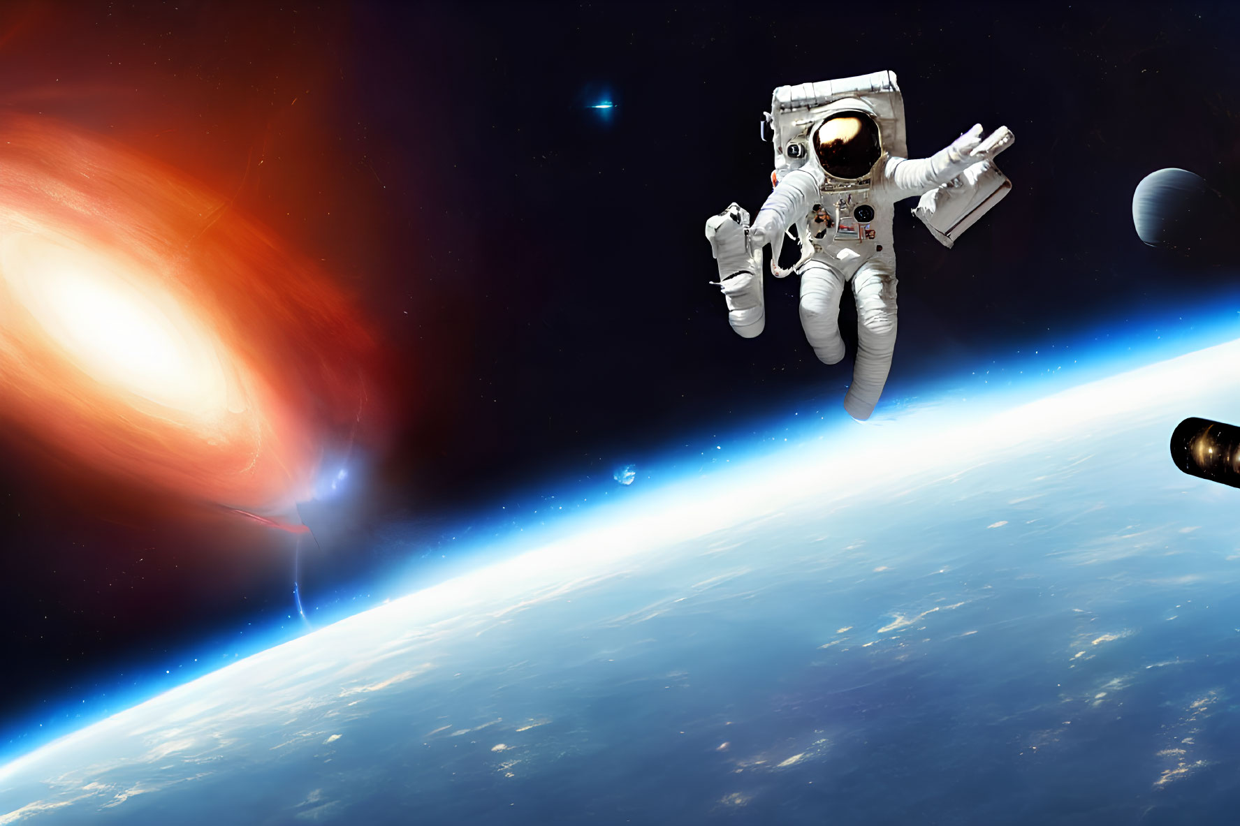 Astronaut floating with Earth's horizon and bright galaxy.