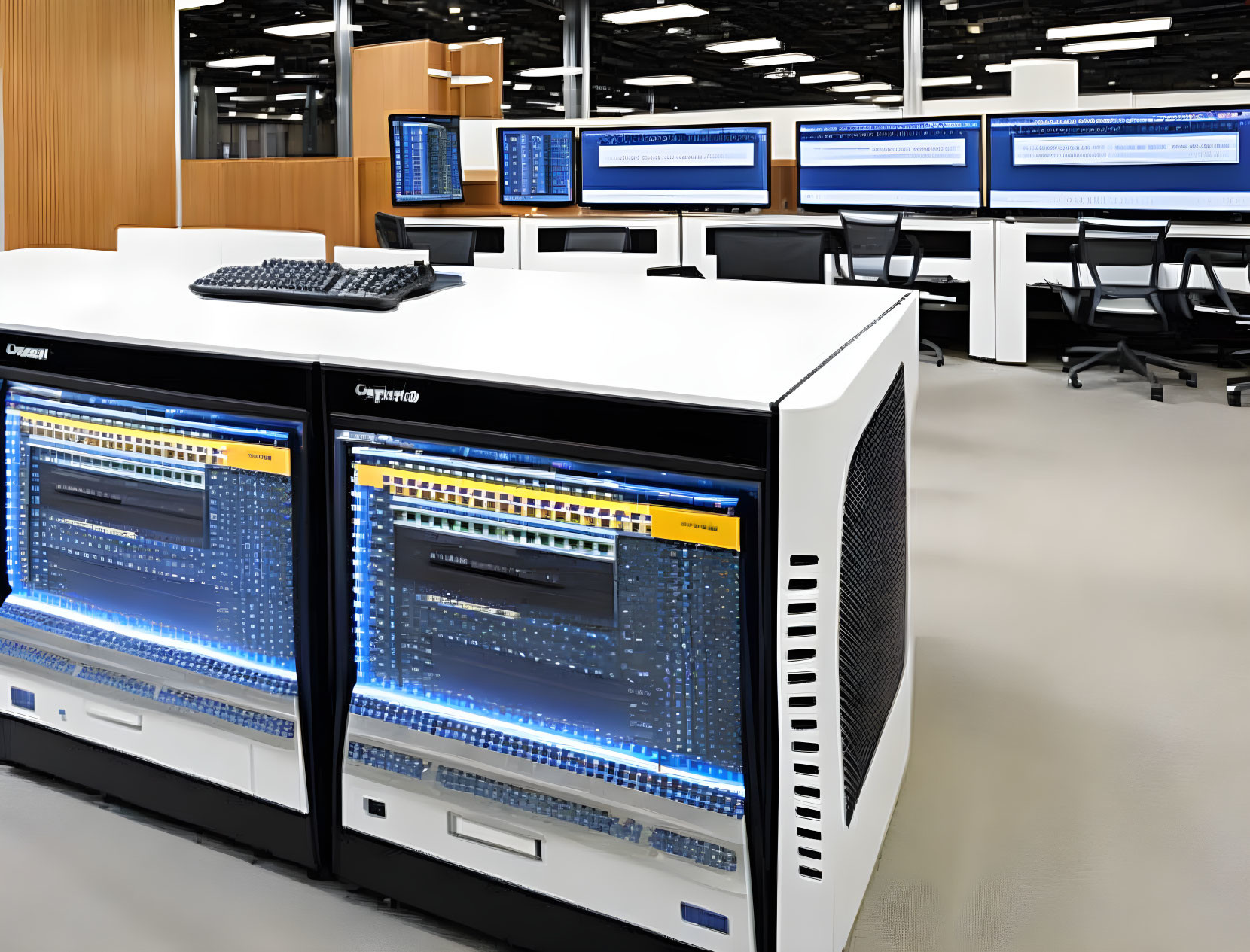 Organized modern data center with server racks and workstations