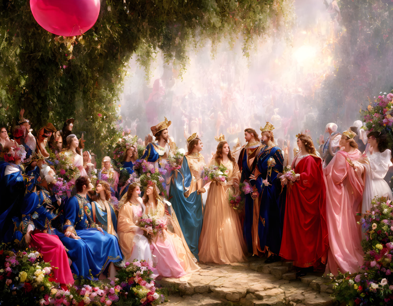 Elegant people in lush, fairy tale setting with pink balloon